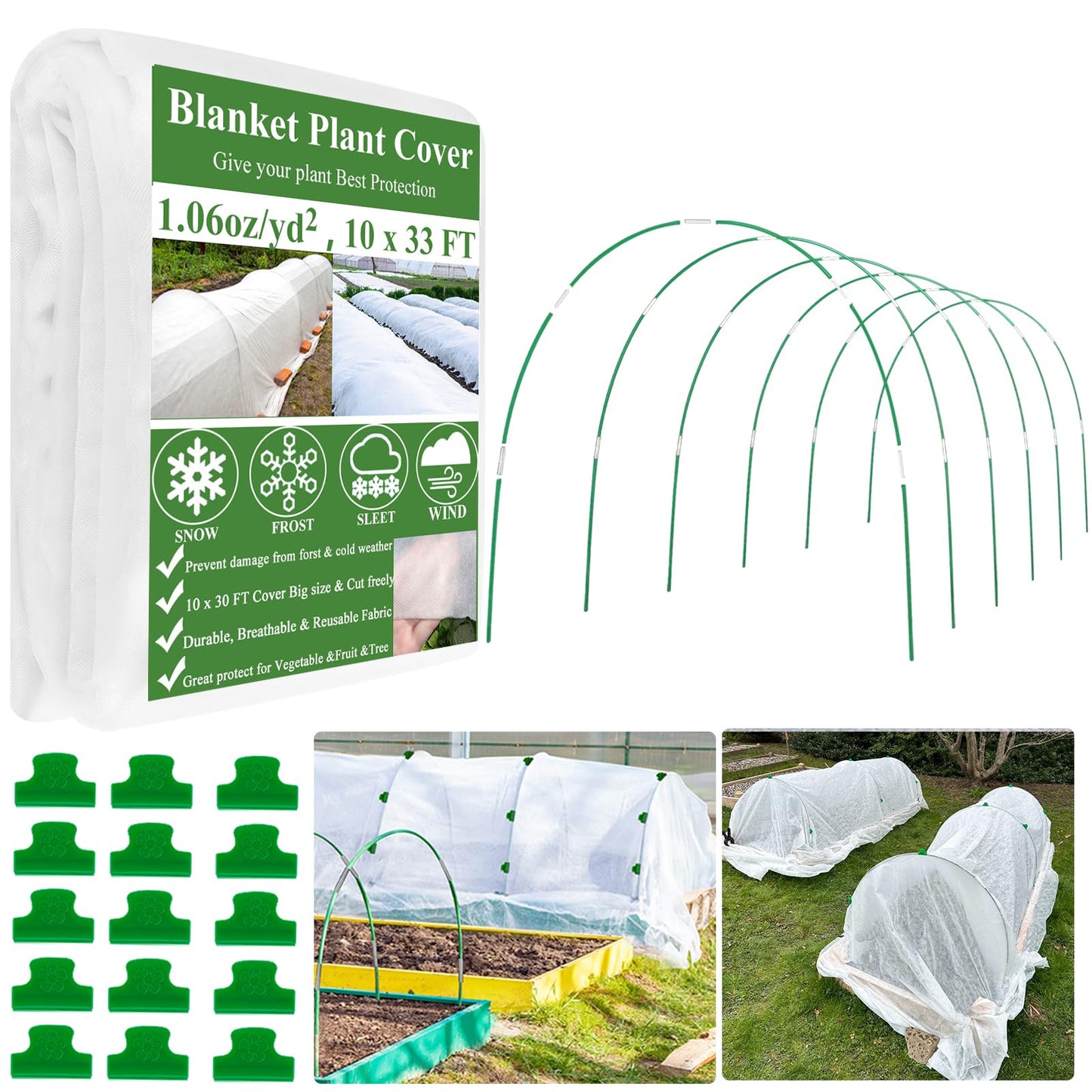WYRJXYB 3x10M Plant Covers Freeze Protection Kit, Garden Hoops Kit for Winter, Frost Cloths Plant Blankets Floating Row Cover for Winter Outdoor, Greenhouse Garden Hoop for Raised Beds Snow Protection