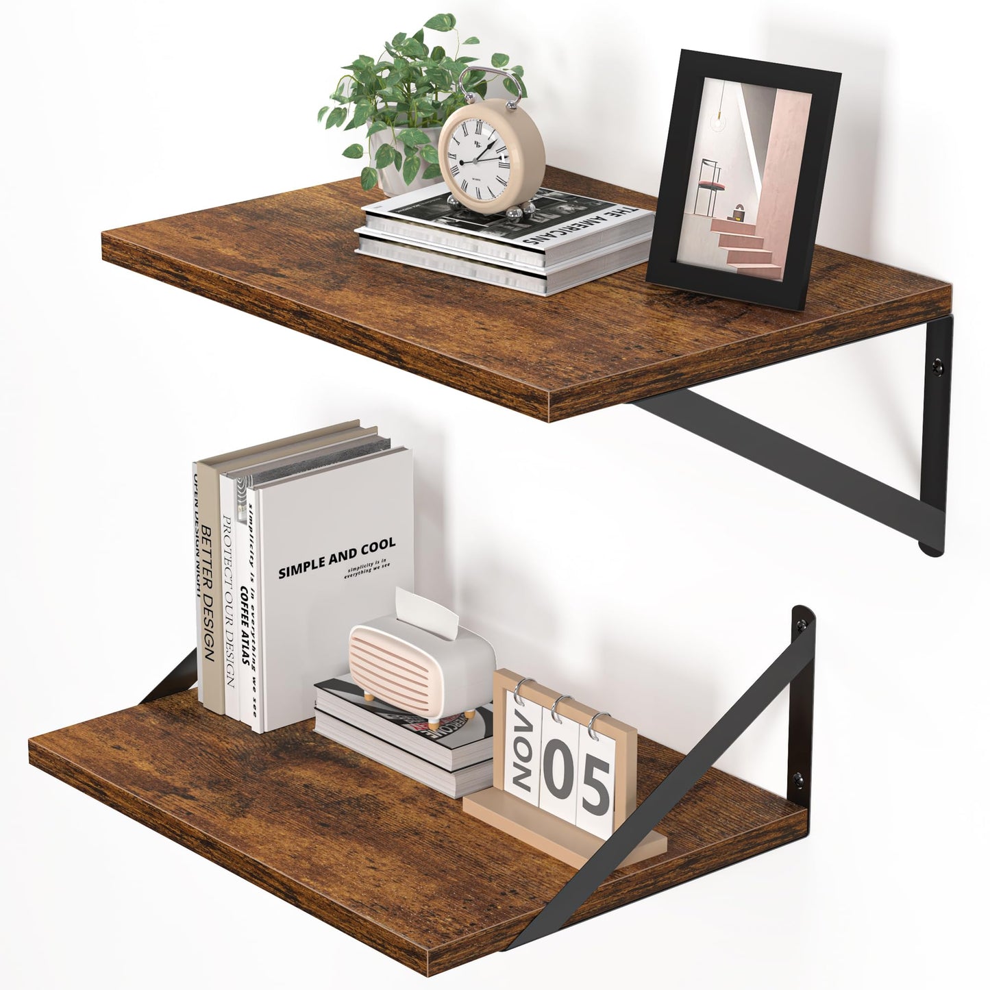 Rustic Brown Floating Shelves for Wall, 16W x 12D Inch Wood Wall Shelves Set of 2, Wide Floating Bookshelf for Living Room, Kitchen, Office, Bedroom Storage & Decoration with Metal Bracket