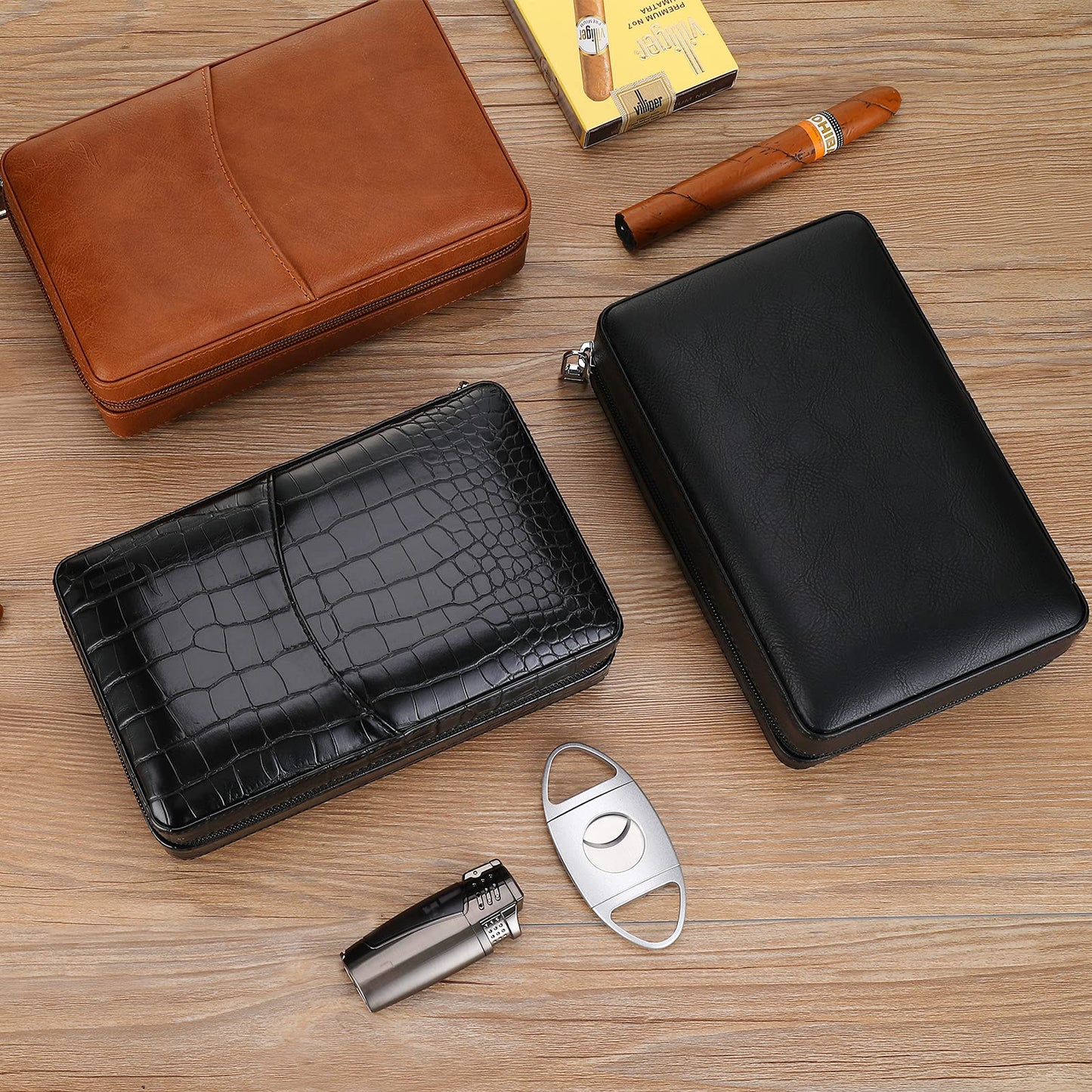 CiTree Cigar Travel Humidor, Cedar Wood Leather Cigar Case with Cigar Accessories Gift Set, Brown