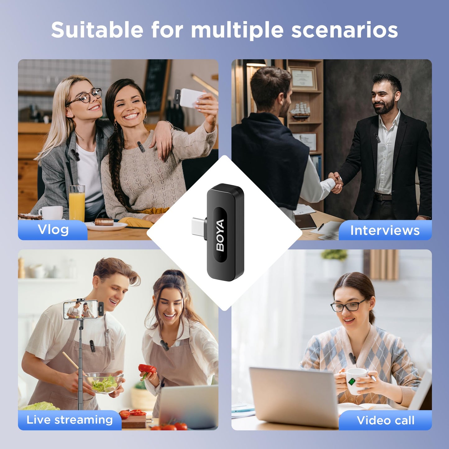 Boya BY-V20 New USB C Wireless Lavalier Microphone for Android PC, 100m Range, Mini Dual Lapel Microphone for Video Recording, Vlog, YouTube, TikTok Video Recording