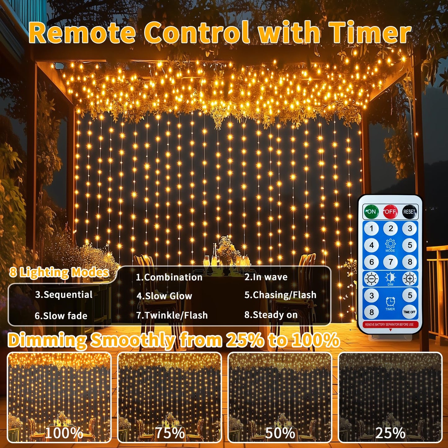 Adericher Solar Curtain Lights 10x10Ft 300LED Waterfall Lights with USB Rechargeable Waterproof Remote 8 Modes Timer Hanging Twinkle Fairy String Lights for Wedding Pergola Gazebo Bedroom Christmas