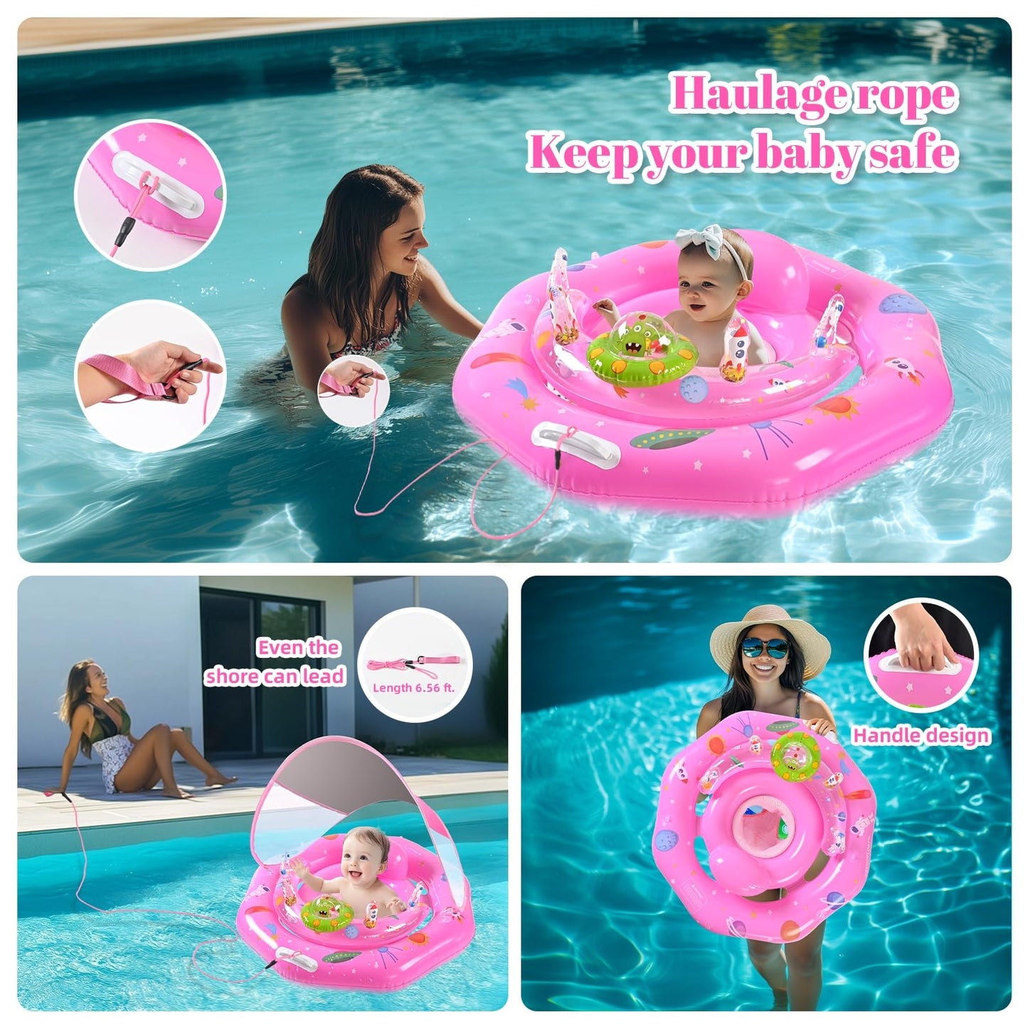 Baby Pool Float for 6-36 Months | Extra Wide Infant Pool Float with UPF50+ Sunshade & Toy Play Console | Baby Floatie with Adjustable Safety Seat, Detachable Canopy, Secure Handle & Safety Leash