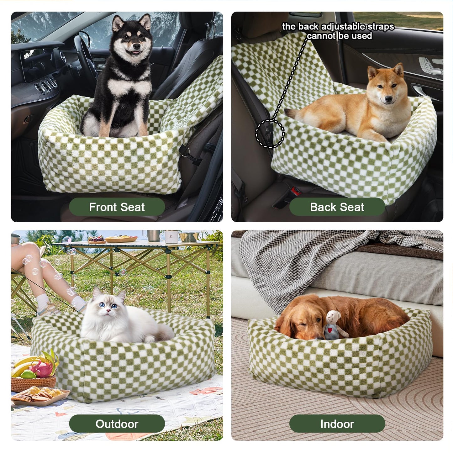 2-in-1 Dog Car Seat for Small Medium Dogs,Detachable Washable Dog Booster Car Seat with Thick Cushion for Dogs Up to 30lbs,Comfortable Soft Dog Bed for car with Safety Belts,Green