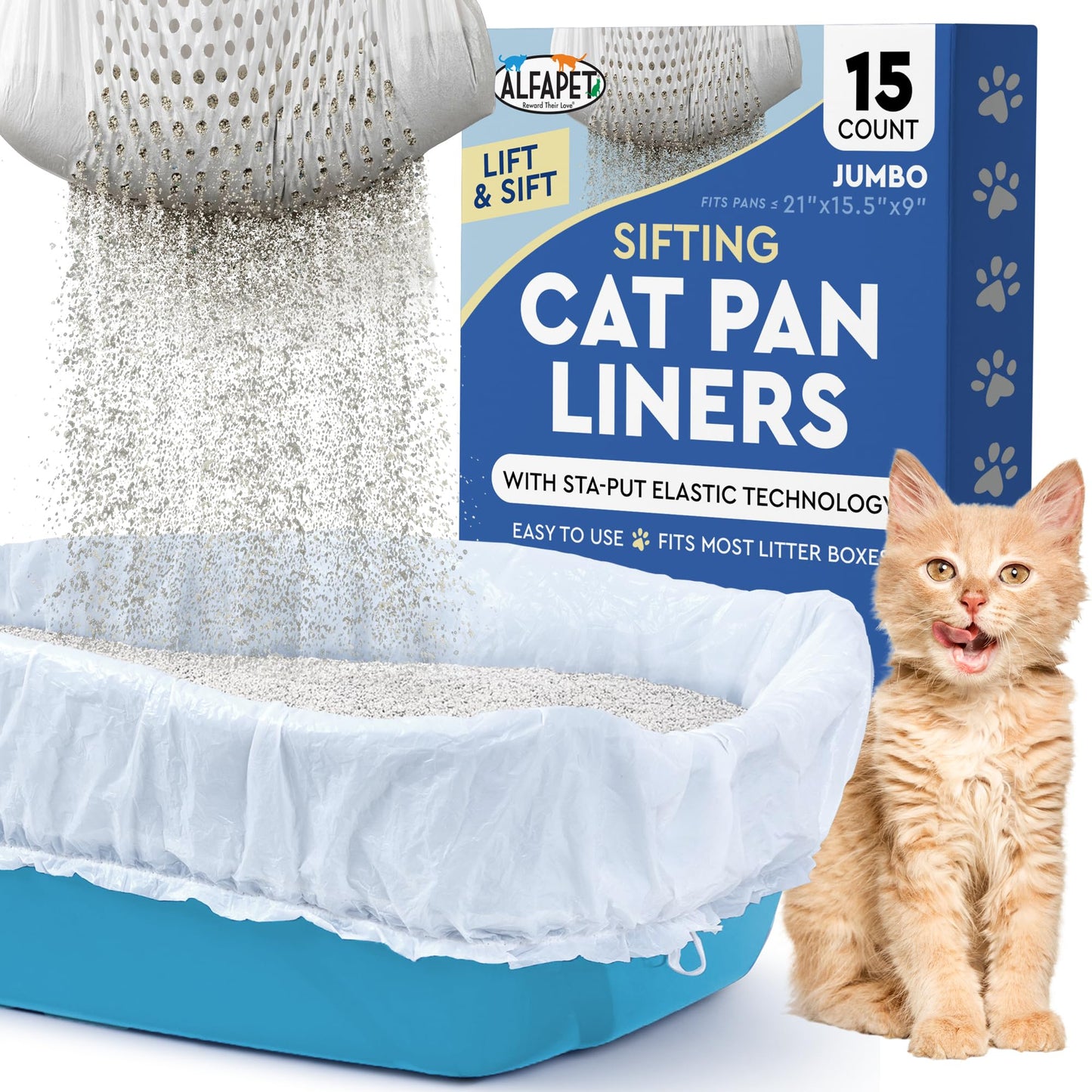 Alfapet Kitty Cat Sta-Put Elastic Sifting Litter Box Liners Jumbo Size 5 Count (3-Pack/Boxes)