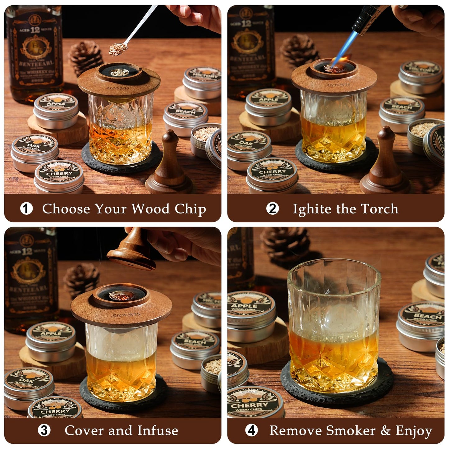 Whiskey Smoker Kit with Torch - 6 Flavors Wood Chips, 2 Glasses, Cocktail Smoker Infuser Kit, Old Fashioned Drink Smoker Kit, Birthday Valentine's Day Bourbon Whiskey Gifts for Men, Dad(No Butane)