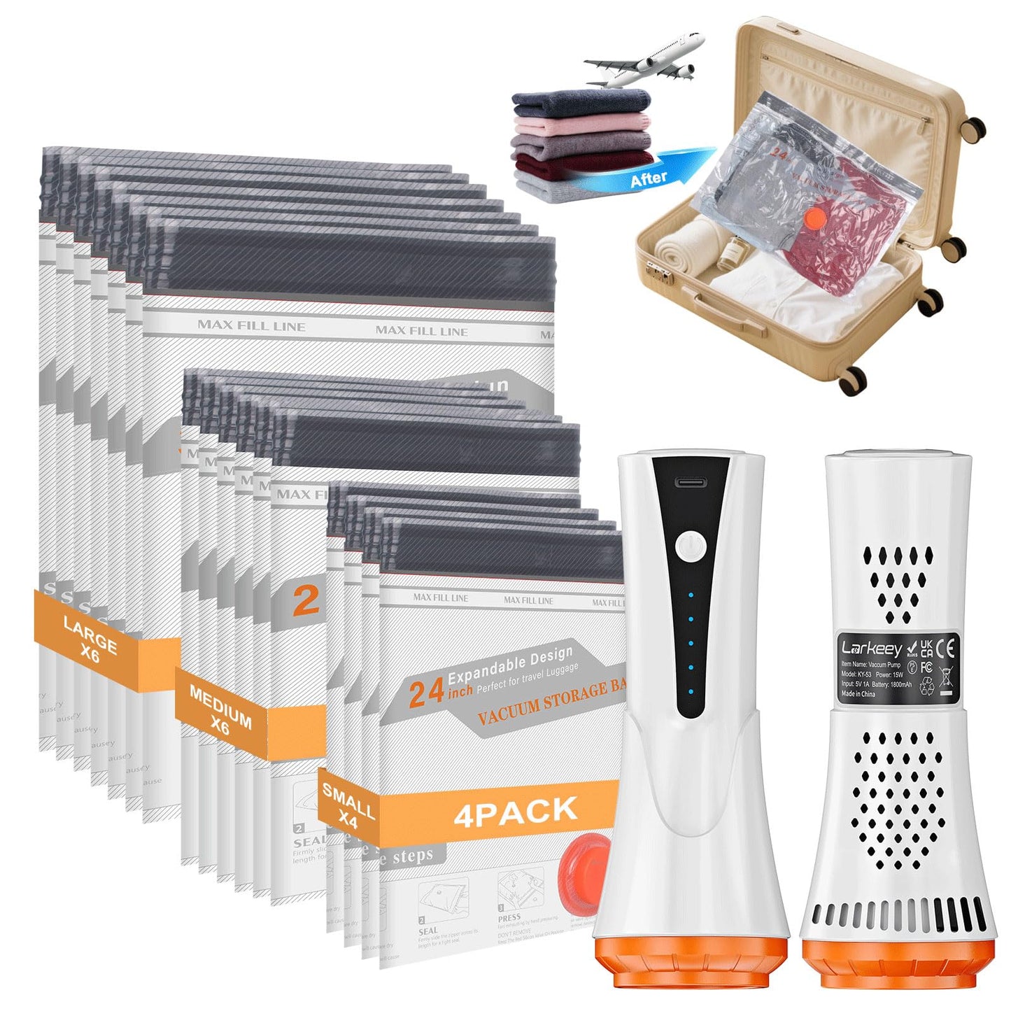 Vacuum Storage Bags for Travel with Rechargeable Air Pump, 16 Pack Compression Packing Bags 80% Space Saver Vacuum Seal Bags for Clothing, Blankets, Comforters, Pillows, Suitcase and Luggage