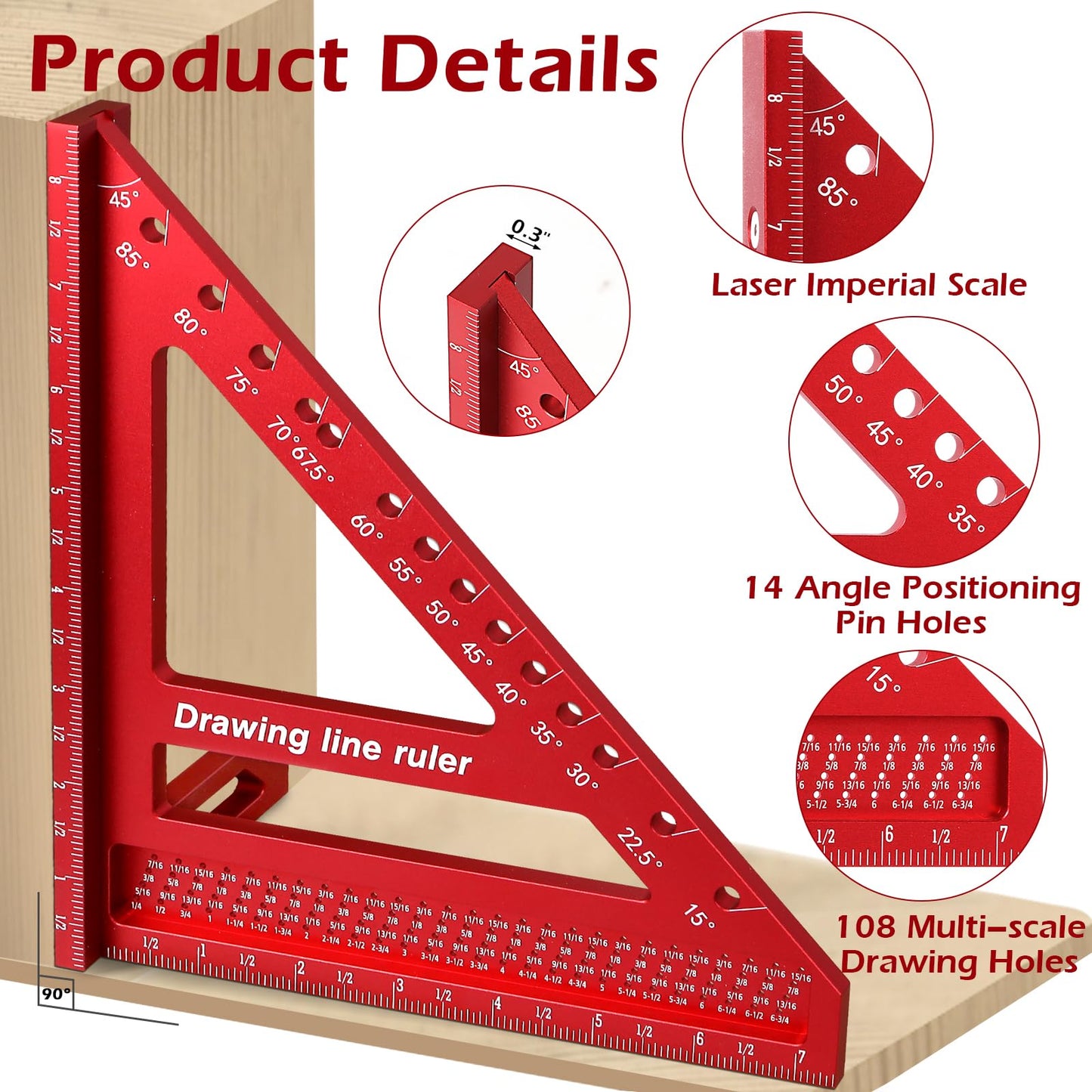 Aiwons 8.5 inch 3D Multi-Angle Measuring Ruler -Large Precision Woodworking 3D Square Protractor 15-90 Degree and Miter Triangle - Aluminum Alloy Drawing Line Ruler for Engineer Carpenter Red