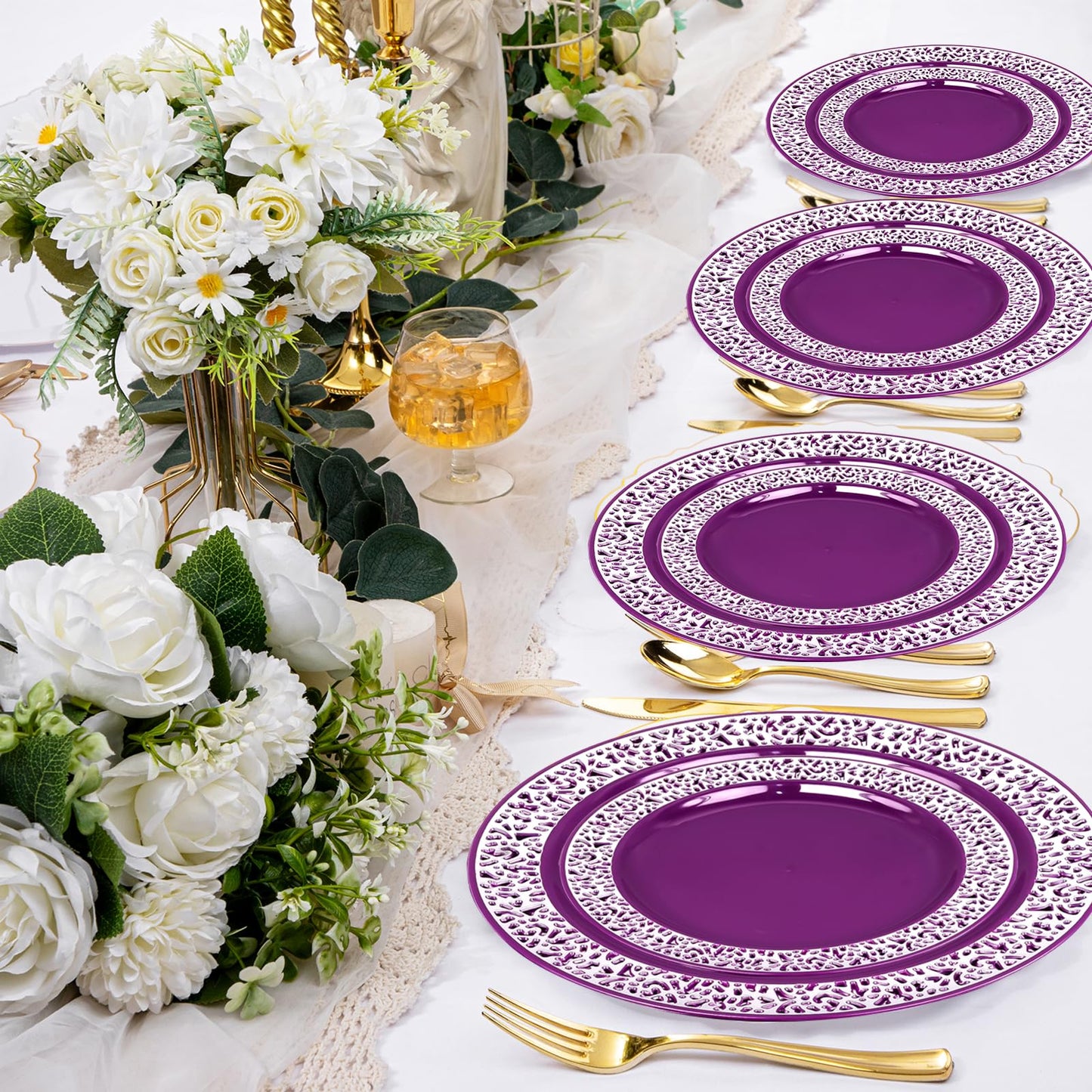 100Pcs Purple Silver Plastic Plates, Disposable Party Plates with Silver Lace, Heavy Duty Fancy Wedding Party Supplies Include 50 Dinner Plates 10.25" and 50 Dessert Appetizer Plates 7.5"