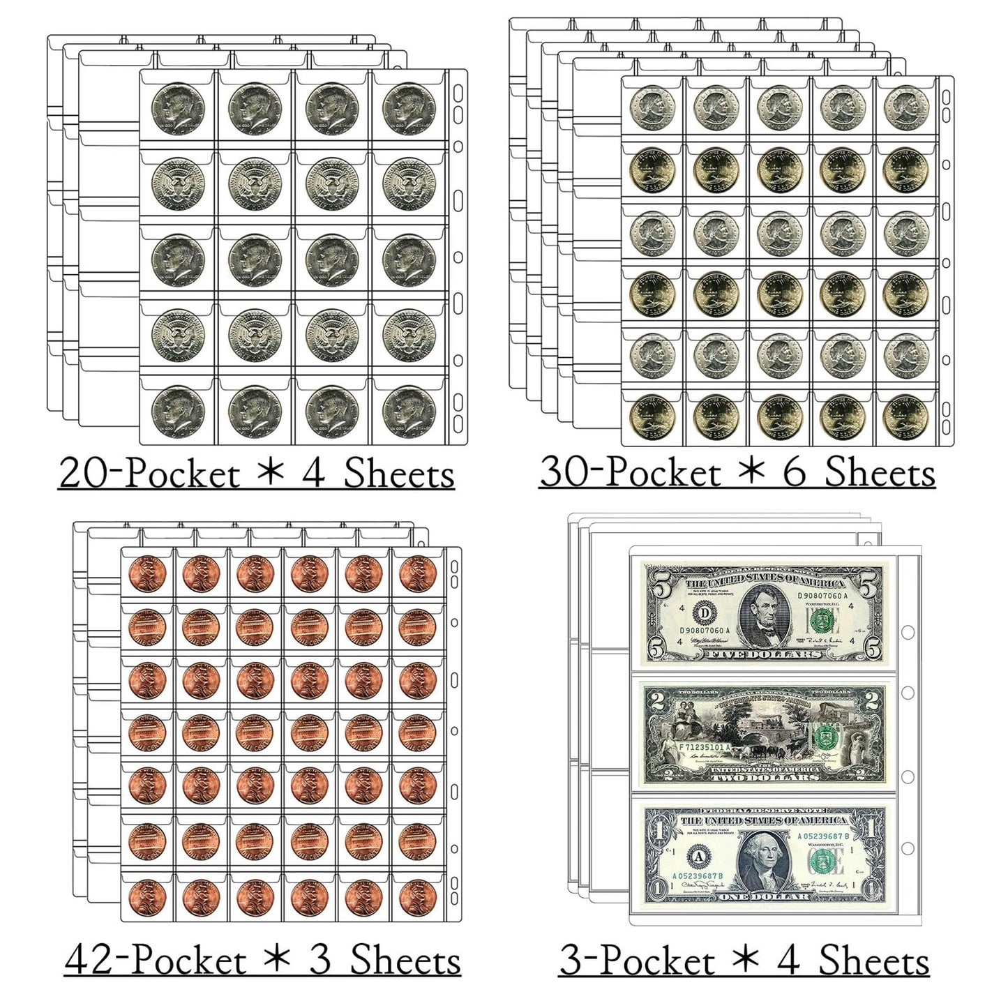 Ettonsun Coin Collection Book 386 Coin Pockets & 12 Currency Sleeves, Coin Collecting Album Holder for Collectors Money Collection Book Coin Display Storage Case Organizer for Coin Collection Supplies