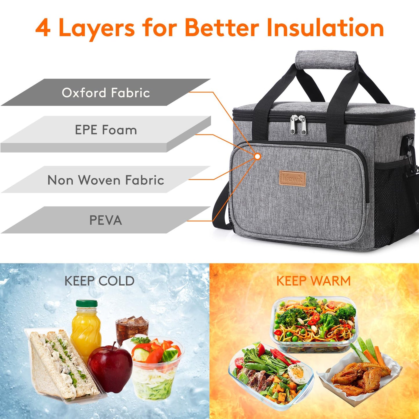 Lifewit Large Lunch Bag Insulated Lunch Box Leakproof Soft Cooler Cooling Tote for Adult Men Women, Waterproof Reusable Cooler Bags for Work Office Outdoor Picnic Camping, Grey, 24-Can (15L)