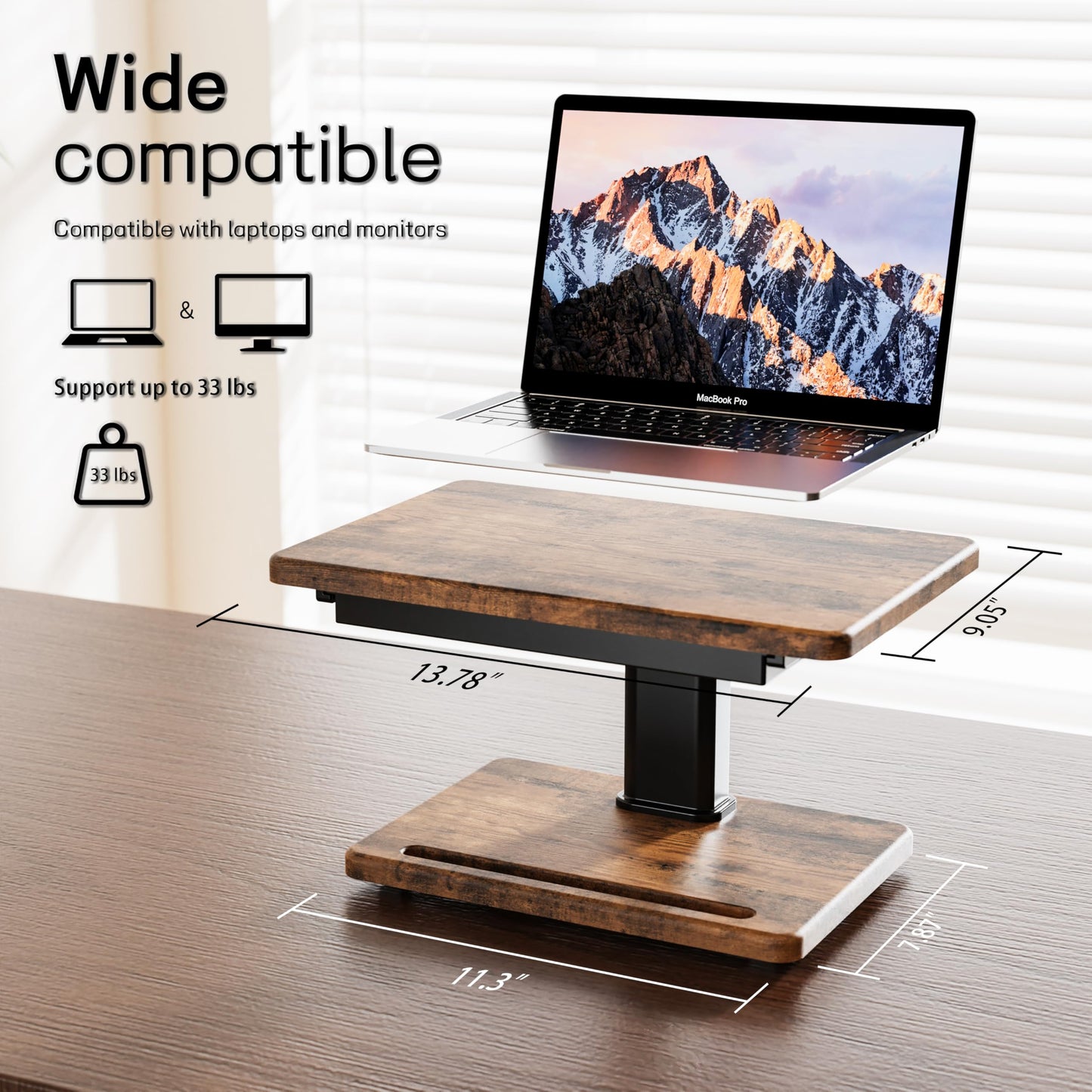 Fydeamer Adjustable Monitor Stand with Storage Drawer - Wooden Monitor Riser for Desk, Ergonomic Computer Stand for Laptop PC, Height Adjustable from 5.9 to 8.07 Inches, Walnut