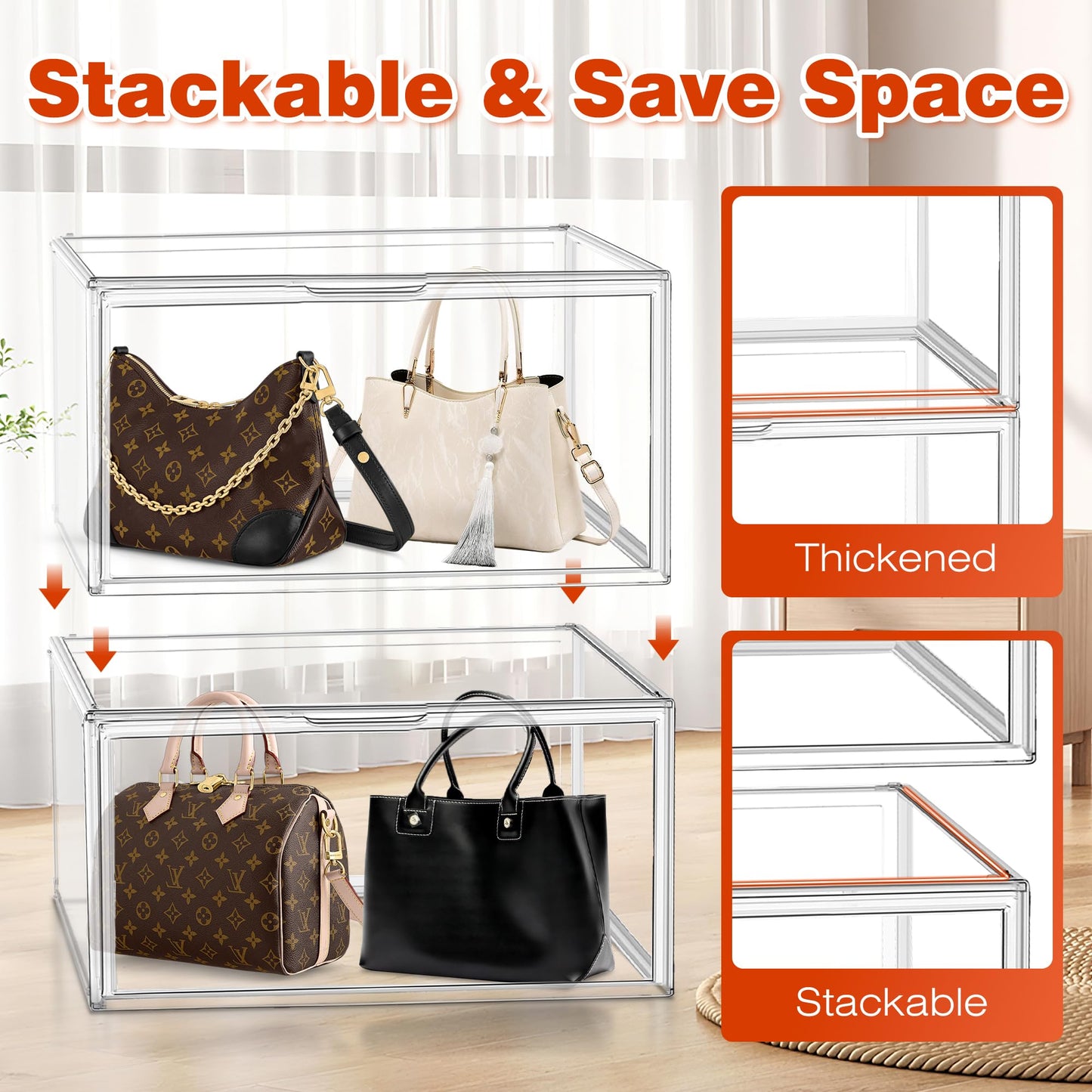 1 Pack Tall Acrylic Display Case XXXXX-Large 13.8”x 12.2”x 23.6" Purse Handbag Organizer Long Stackable Tall Boot Totes Storage Box Clear Giant Figure Collection Showcase with Magnetic Lid