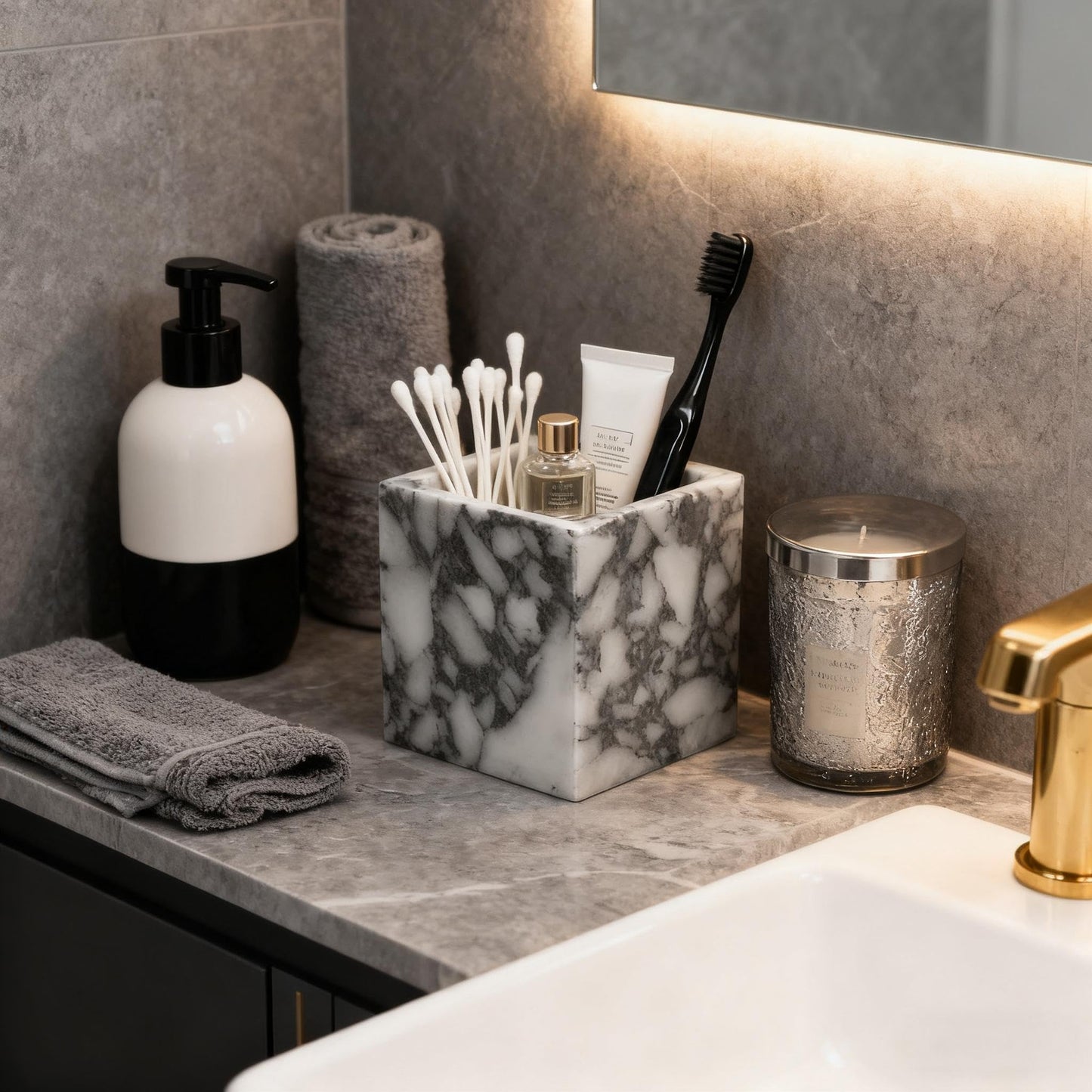 Artisanal Abode Marble Pen Holder, Natural White Marble Pencil Cup and Square Desktop Organizer for Pens, Makeup Brushes, Toothbrushes, Office Supplies, Vanity and Bathroom Counter