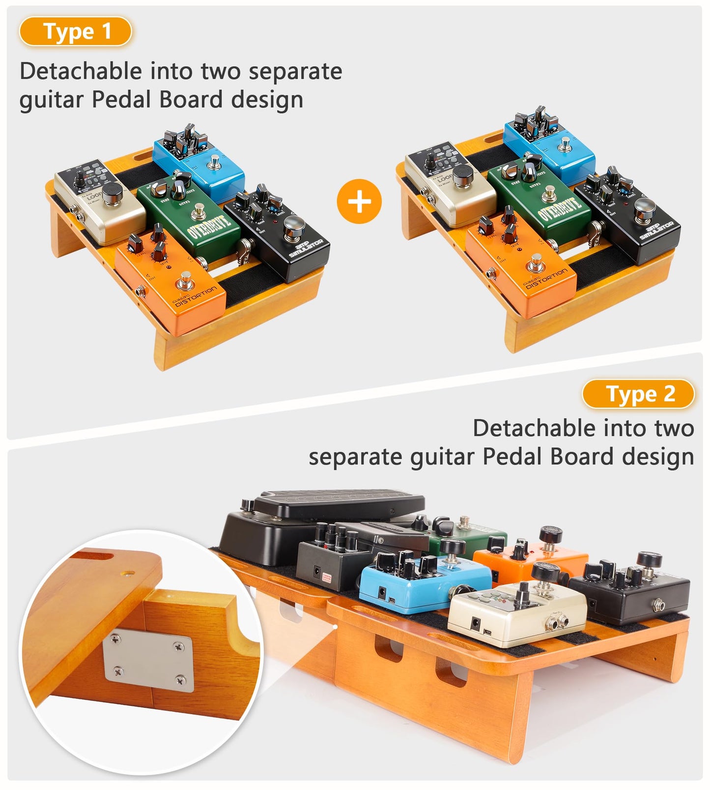 Wooden Pedal Board Guitar Effects 2-in-1 Pedalboard, 17.3" Big Capacity Pedalboard with Cable Supply Pedalboard Set Guitar Accessories