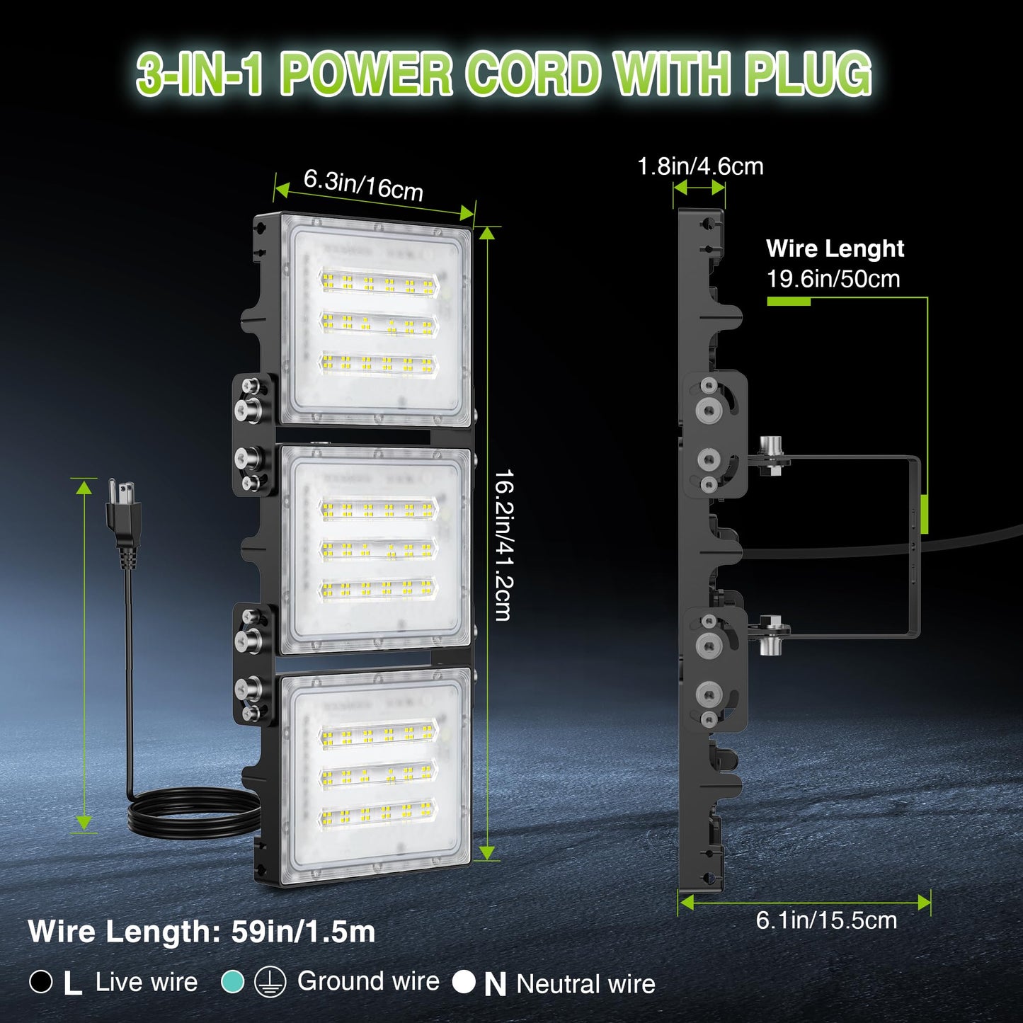 STASUN 150W LED Flood Light with Plug, Mini Series Outdoor Floodlight, 15000LM 6000K Daylight White, IP66 Waterproof, 3 Adjustable Heads, LED Exterior Flood Light for Backyard, Driveway, Garage, Patio