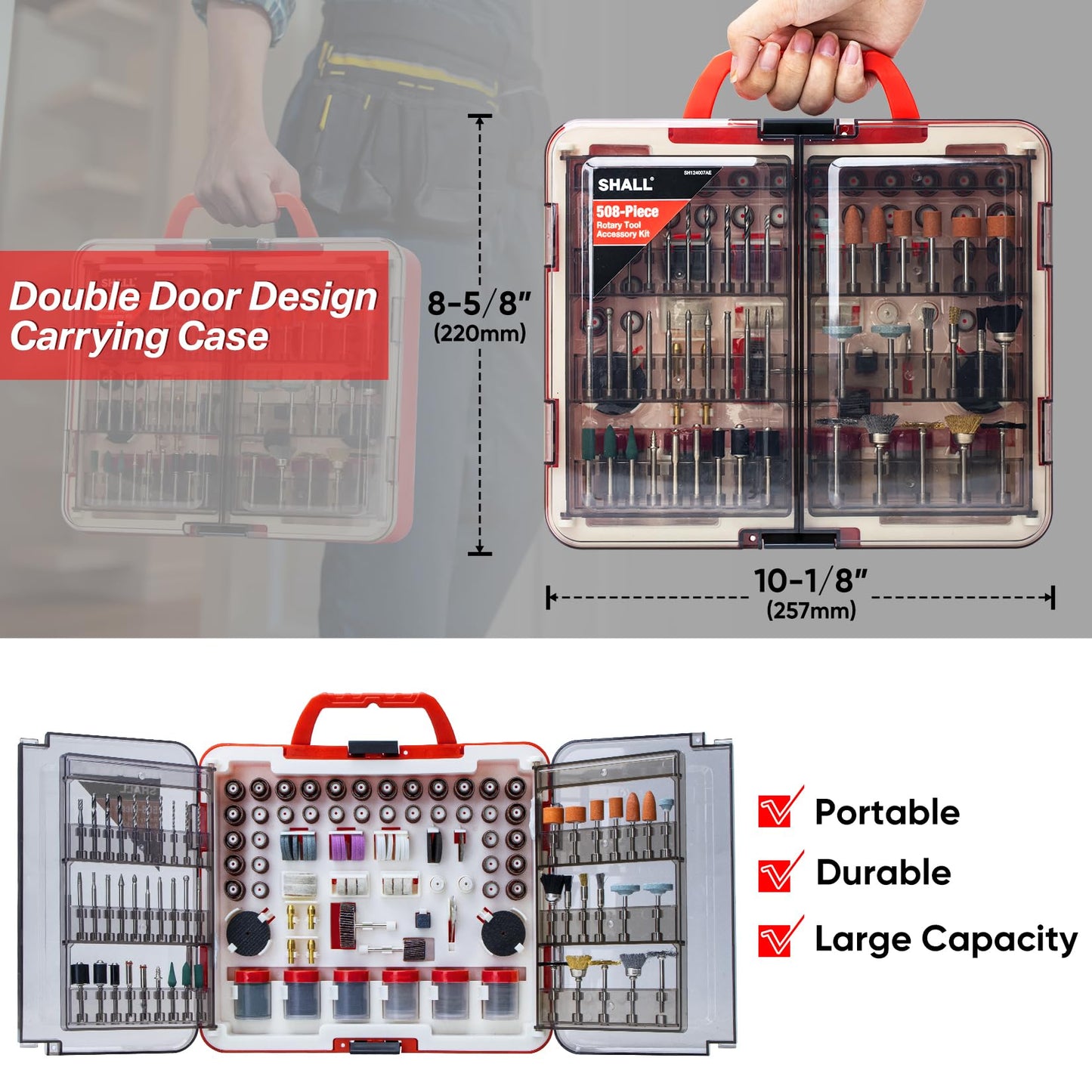 Shall 508-Piece Rotary Tool Accessories Kit, Universal Rotary Tool Bits for Sanding, Cutting, Grinding, Drilling, Carving, Engraving, Polishing, Cleaning, Rotary Attachments with Carrying Case
