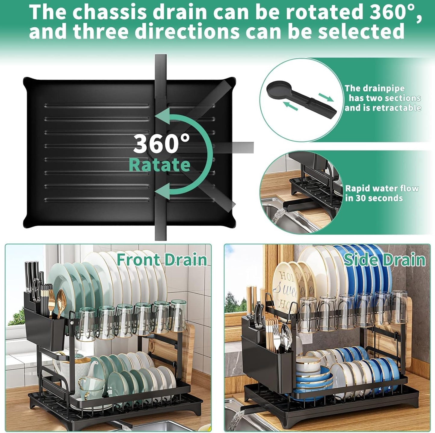 Dish Drying Rack for Kitchen Counter, Stainless Steel Sink Organization and Storage Essentials with Cutlery Holder, Large 2Tier Dish Rack with Drainer Board, Multi-Use Utensil Organizer and Cup Holder