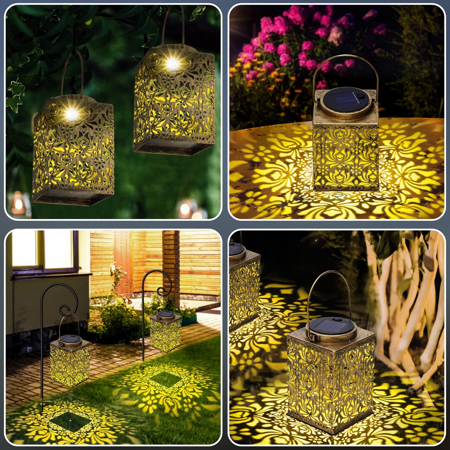 YWYWLED 2 Pack Solar Lanterns - Waterproof Metal Hanging Solar Lights Outdoor Decorative, Solar Powered LED Lamp for Patio Tabletop Porch Deck Yard Garden Decor for Outside (Rose)