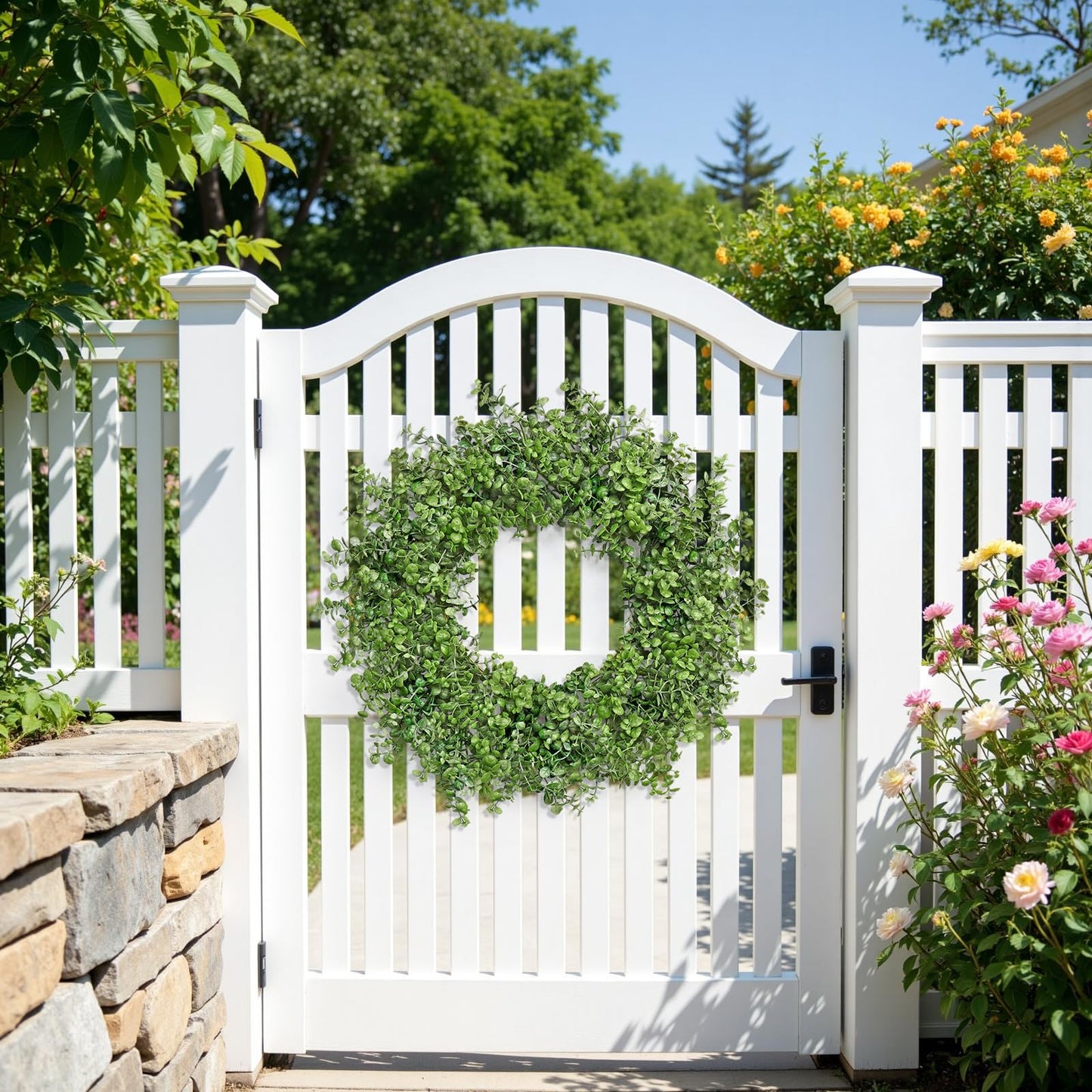 Dremisland Boxwood Wreaths for Front Door, 22 Inch Spring Wreath with Green Eucalyptus Boxwood Leaves Greenery Wreaths for Farmhouse Wall Hanging Window Indoor Outdoor Spring Summer All Seasons