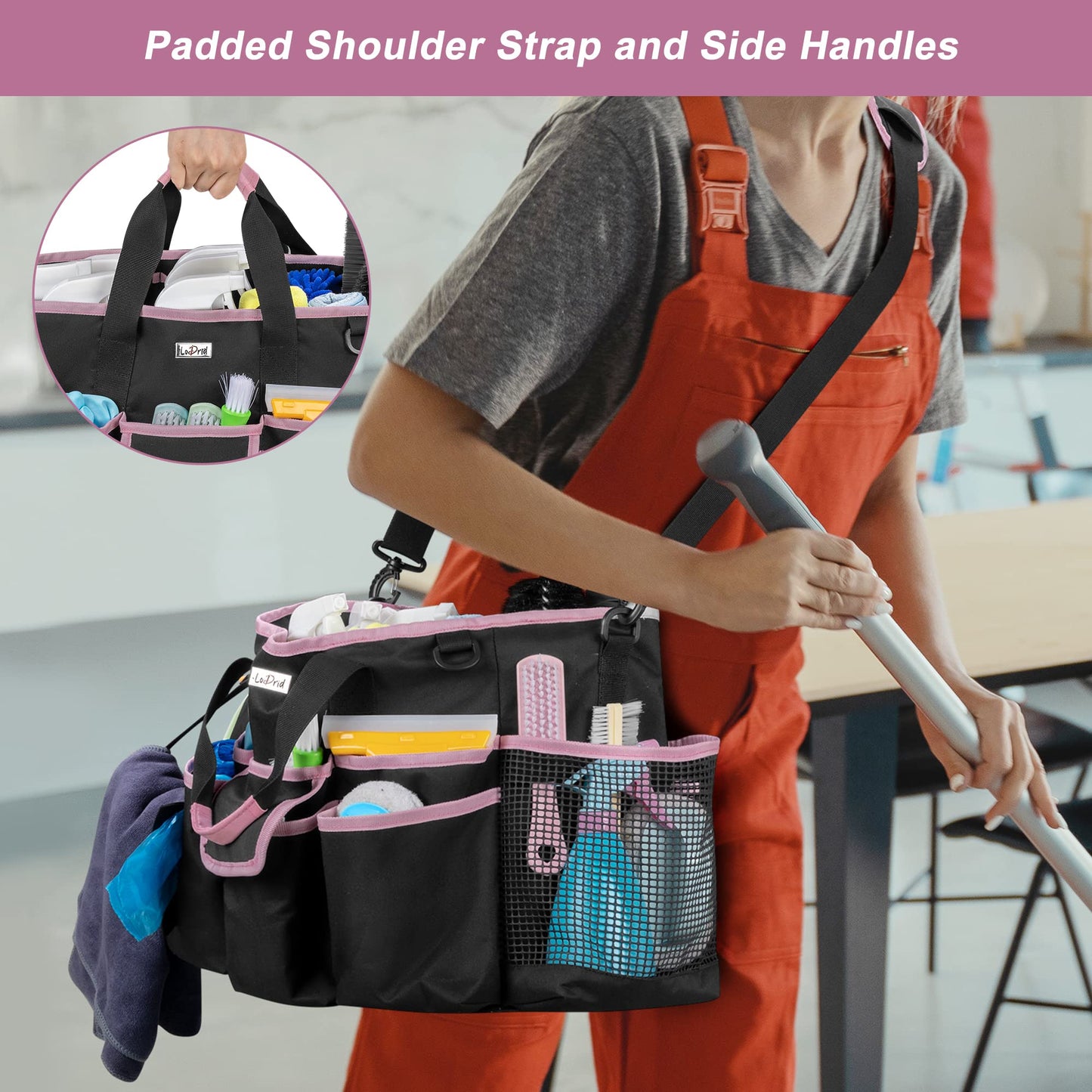 LoDird Cleaning Caddy Bag with 3 Compartments and Multifunctional Pockets, Cleaning Supplies Organizer for Cleaning Work with Handle and Shoulder Strap, Grey