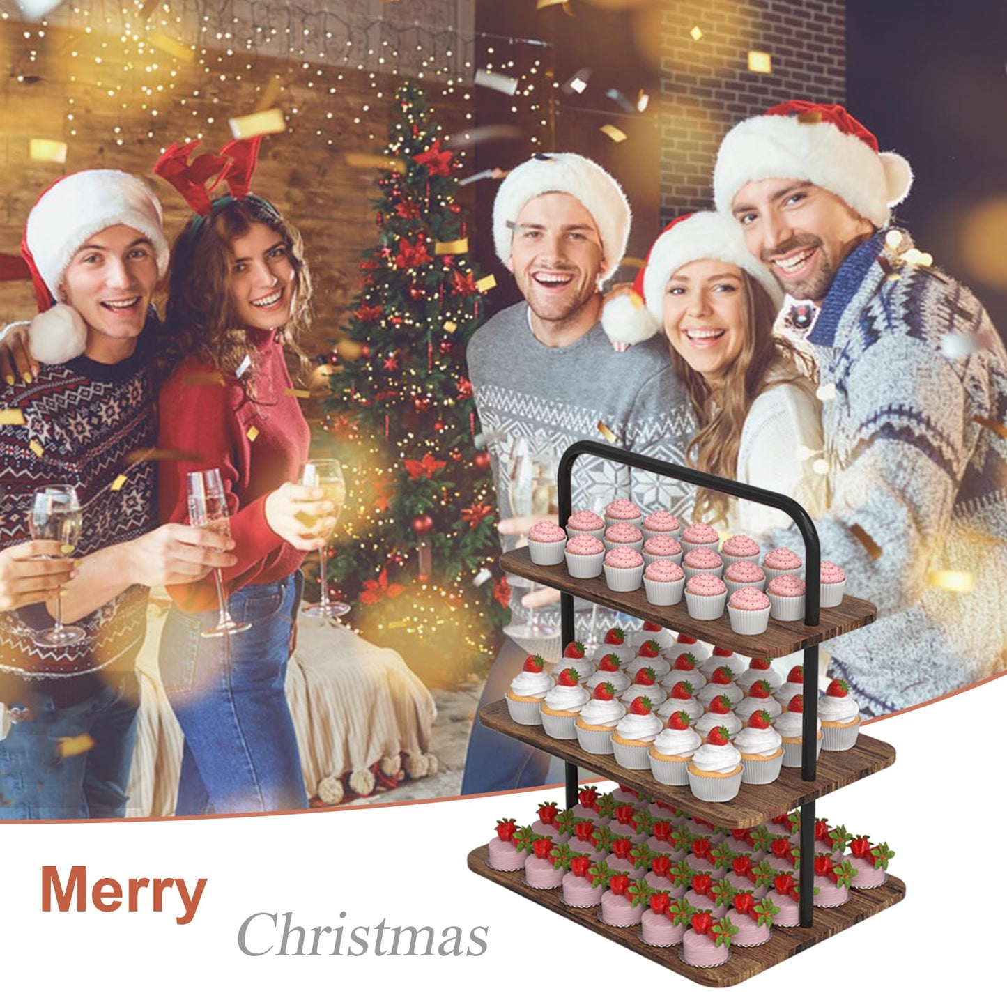 VyGrow Cupcake Stand, 3-Tier Dessert Stand for 71 Cupcakes, Wood & Metal Tower Display Premium Holder Dessert Tree Tower for Christmas Birthday Weddings Party Decor, Serving Tray, Wood Brown