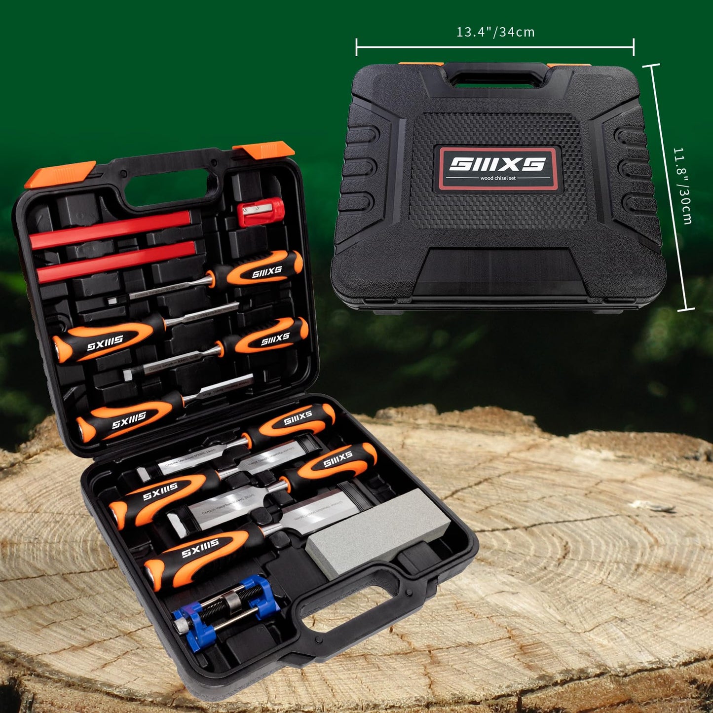 SIIIXS 8pcs Premium Wood Chisel Set, 8pcs Wood Chisel with 1 Honing Guide, 1 Sharpening Stone and 2 Carpenter Pencils