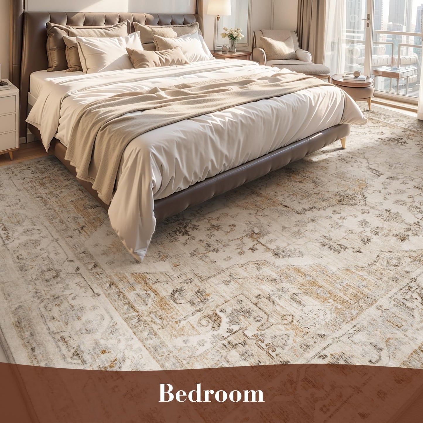 MontVoo-Area Rug 5X7 Rugs for Living Room-Beige Machine Washable Rug-Soft Living Room Rug-Vintage Non Slip Carpet-Rugs for Bedrooms Dining Room Living Room Office
