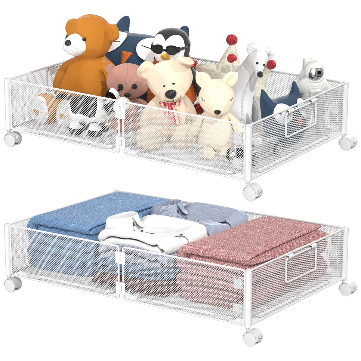 VyGrow Under Bed Storage Containers, Under Bed Storage with Wheels, Shoe Organizer Under Bed with Handles, Tool-free Assembly Underbed Storage for Clothes, Shoes, Blankets, Toy Storage, White, 2Pack