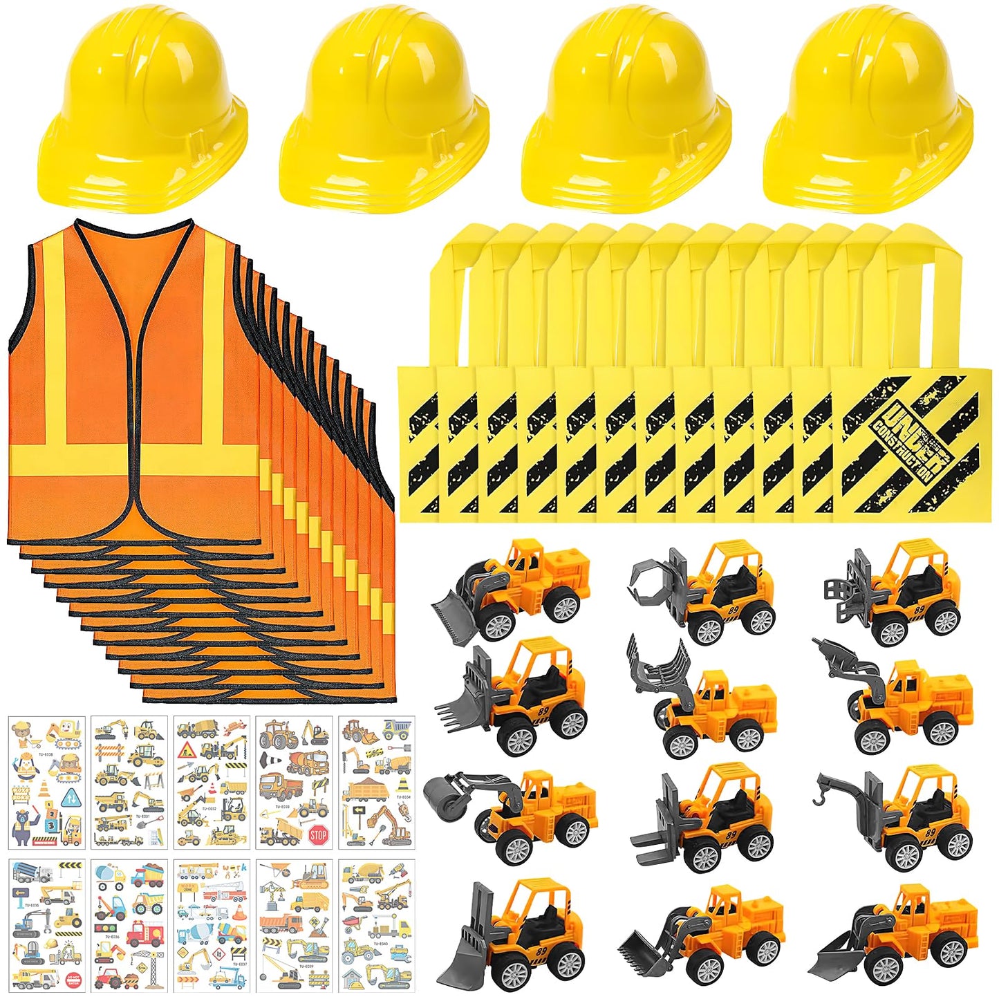58Pcs Kids Construction Worker Costume, Includes Orange Safety Vest Bulk Worker Hats Tote Bags Construction Vehicles Stickers