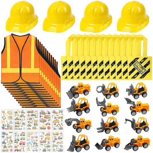 58Pcs Kids Construction Worker Costume, Includes Orange Safety Vest Bulk Worker Hats Tote Bags Construction Vehicles Stickers