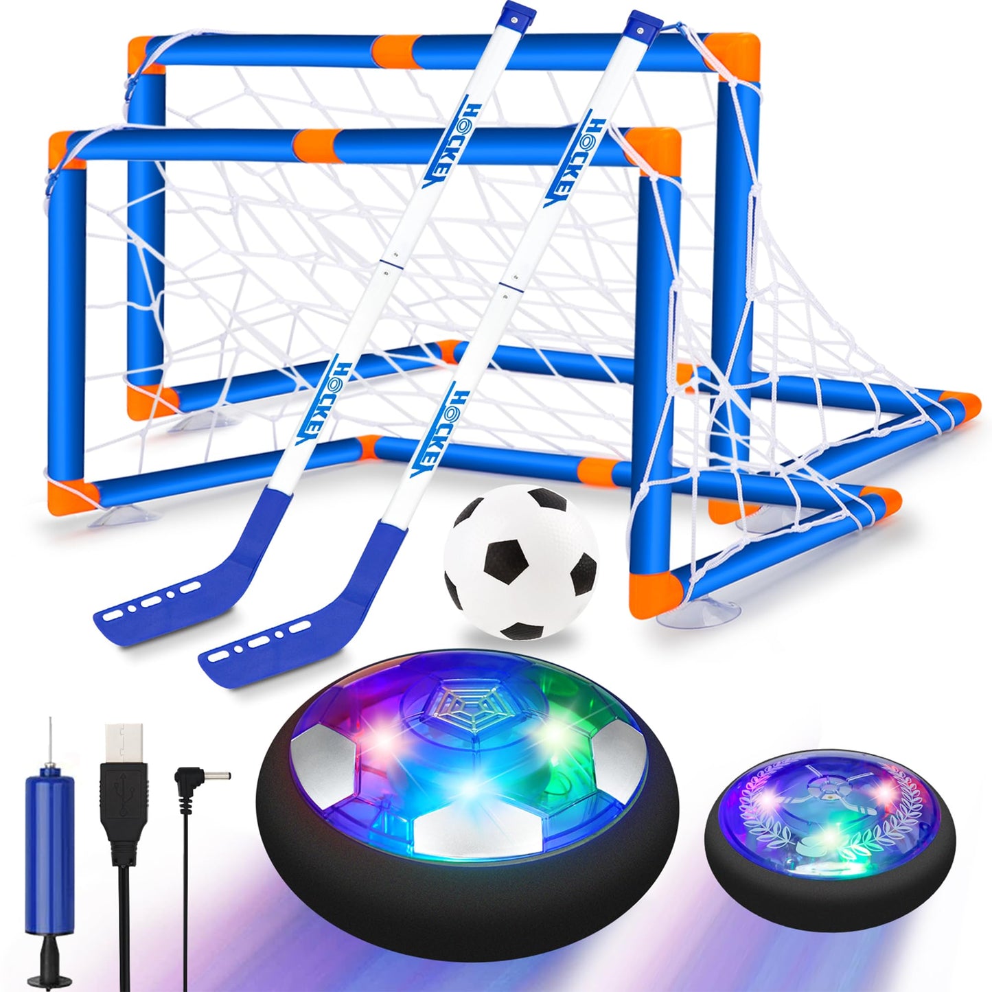 AJATA Hover Hockey Soccer Ball Set - 3-in-1 Rechargeable Boys Toys Hover Soccer Gifts for Boys Girls Kids 3 4 5 6 7 8-12 Blue