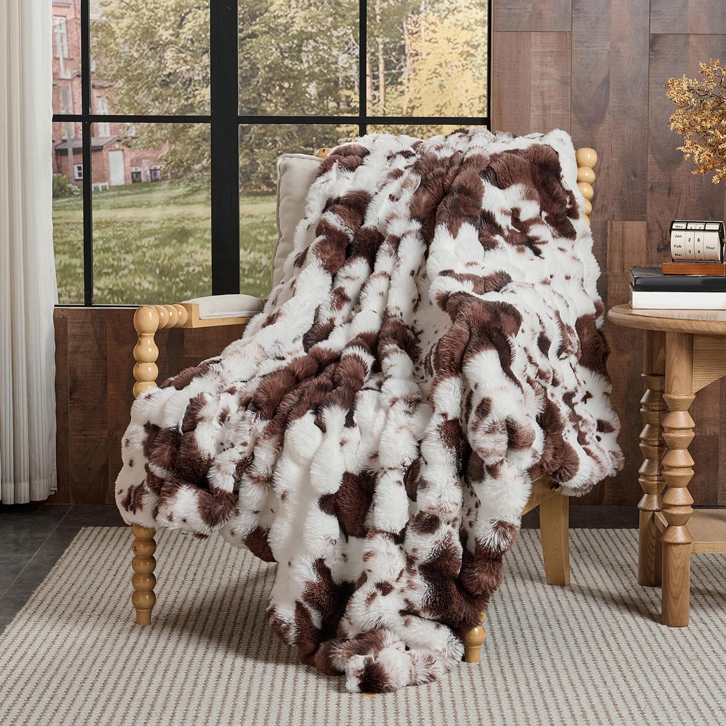 Lotus Karen Faux Fur Throw Blanket Cow Print-Dark Brown 80x60 Inches, Fluffy Fuzzy Plush Bubble Blanket for Couch, Cozy Shaggy Luxury Rabbit Blanket for Sofa Bedroom Living Room