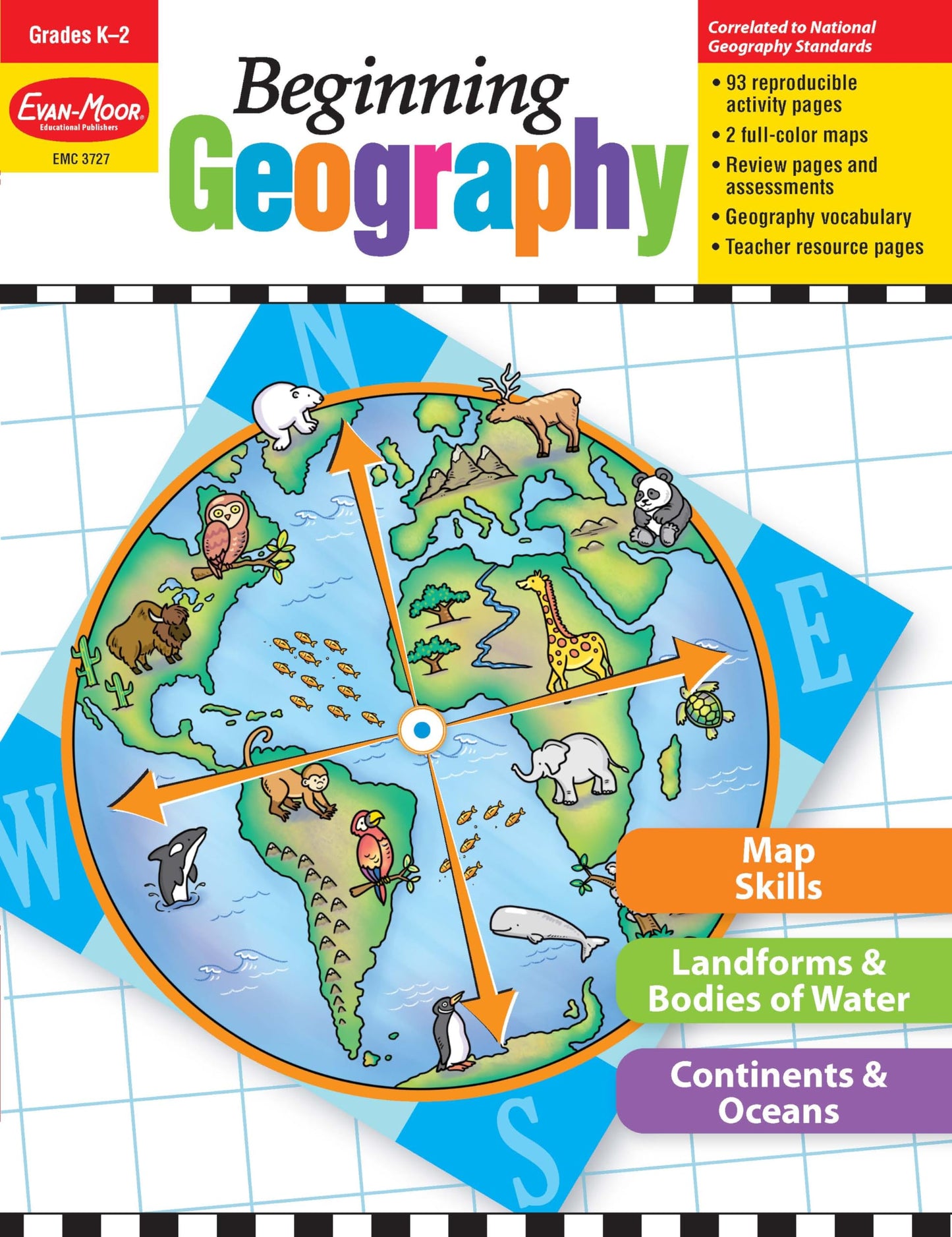 Evan-Moor Beginning Geography, Grades K-2, Homeschooling and Classroom Resource Workbook, Reproducible Worksheets, Poster, Map Skills, Landforms, Oceans, Lakes, Rivers, Continents, Compass, States