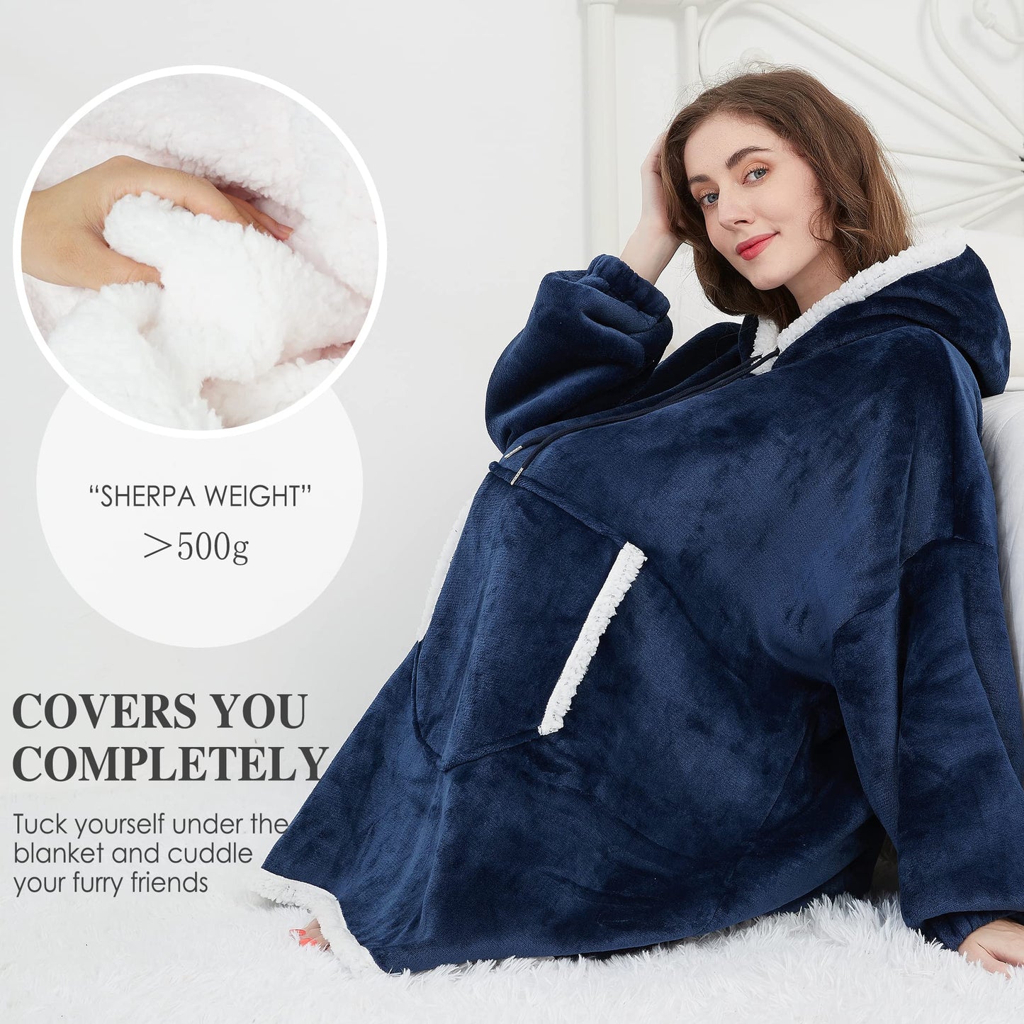 Viviland Hoodie Sherpa Blanket Sweatshirt Soft Warm Plus Large Front Pocket Tv Blankets for Adult, Navy Blue