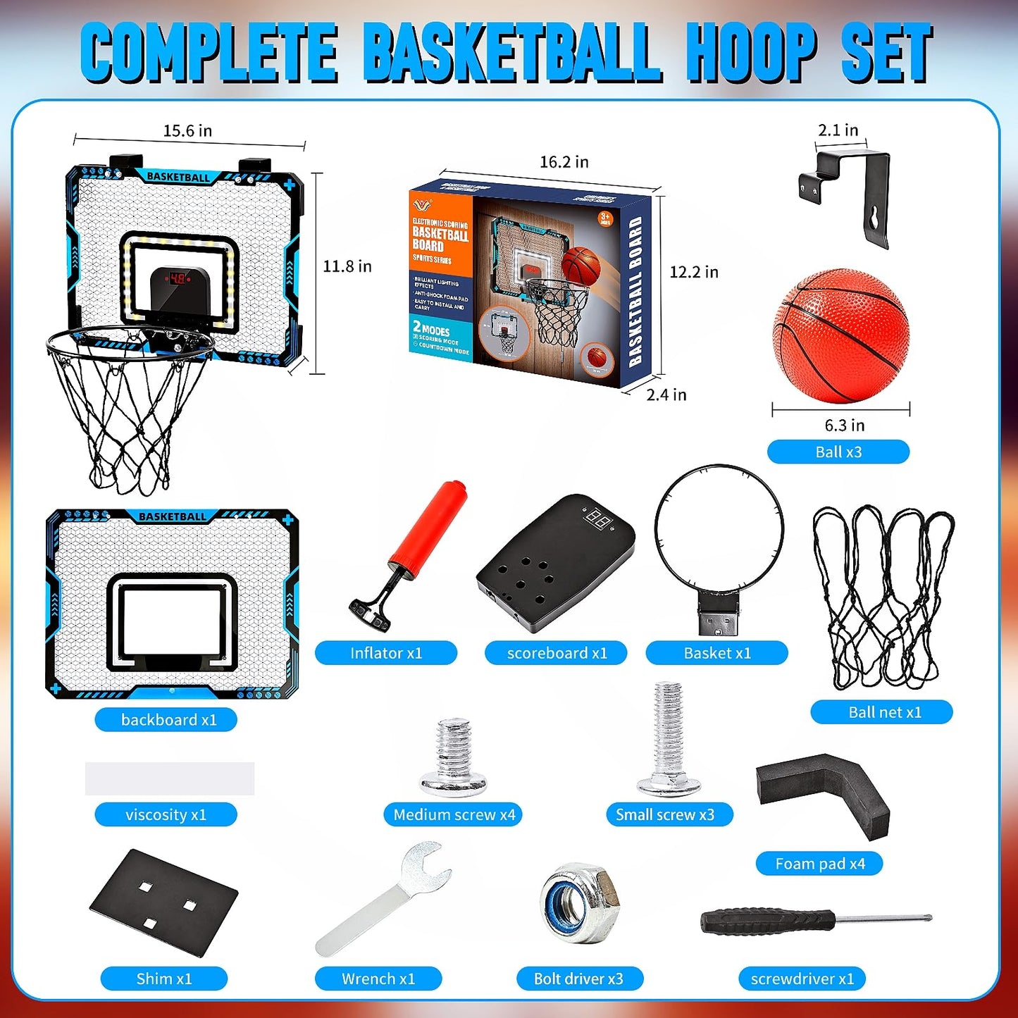 BATURU Indoor Mini Basketball Hoop with Interactive LED Lighting & Electronic Scoreboard, Over The Door Basket Ball Hoops with 3 Balls and Pump, Sports Toys Gifts for Boys 5-12 Kids, Teens