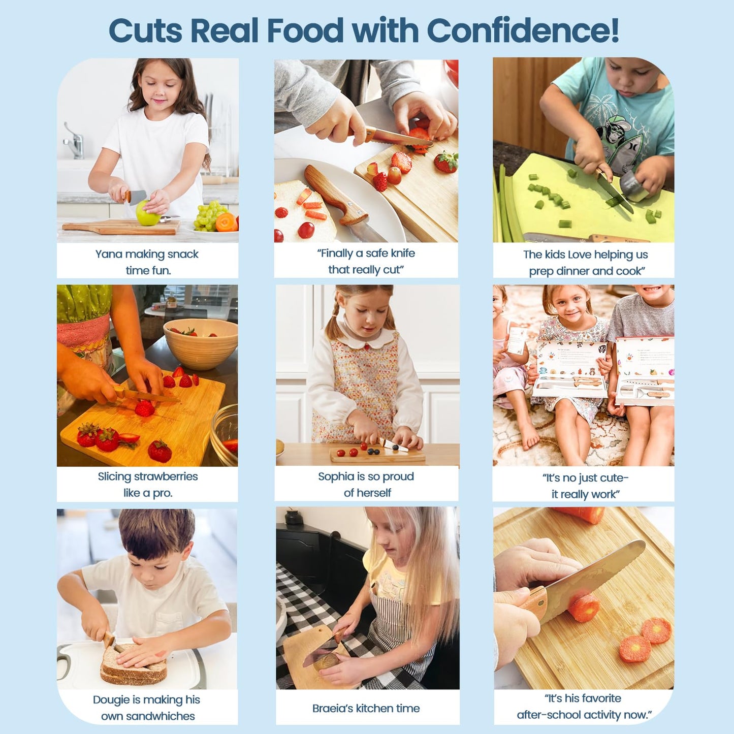 KIBBIDEA Kids Safe Knife Set for Real Cooking 4pcs, Rounded Design Won't Cut Skin, Stainless Steel Toddler Friendly Knife Set, Child Kitchen Knives for Cutting Fruits, Vegetable and Cake, Gift for Boys & Girls