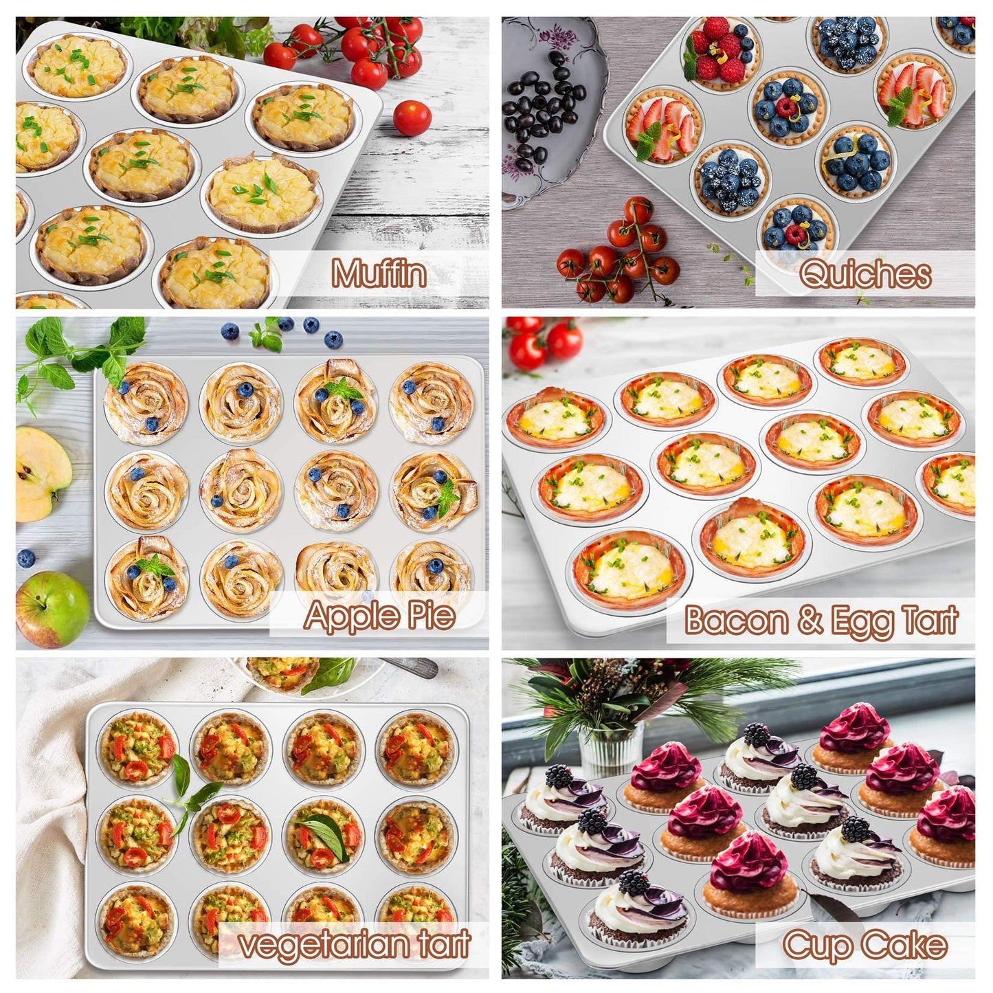 Muffin Pan Cupcake Baking Pan Set of 2, P&P CHEF 12 Cups Muffin Tin Tray, Stainless Steel Muffin Pans for Baking Mini Cake Tart Quiche, Oven & Dishwasher Safe, Non-Toxic & Heavy-Duty