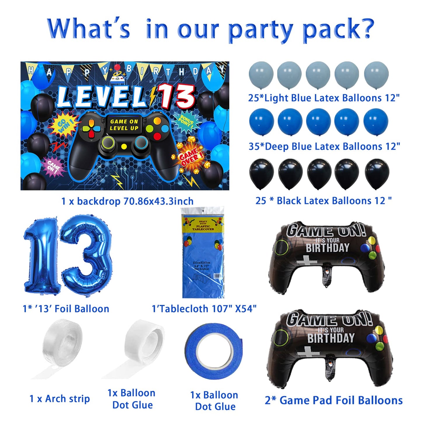 Vlipoeasn 90PCS 13th Birthday Video Game Party Decorations for Boys Set Blue 13th Birthday Supplies-13th Video Game Backdrop, Balloons, Tablecloth, Gamer and 13 Foil Balloons for 13 Years Old