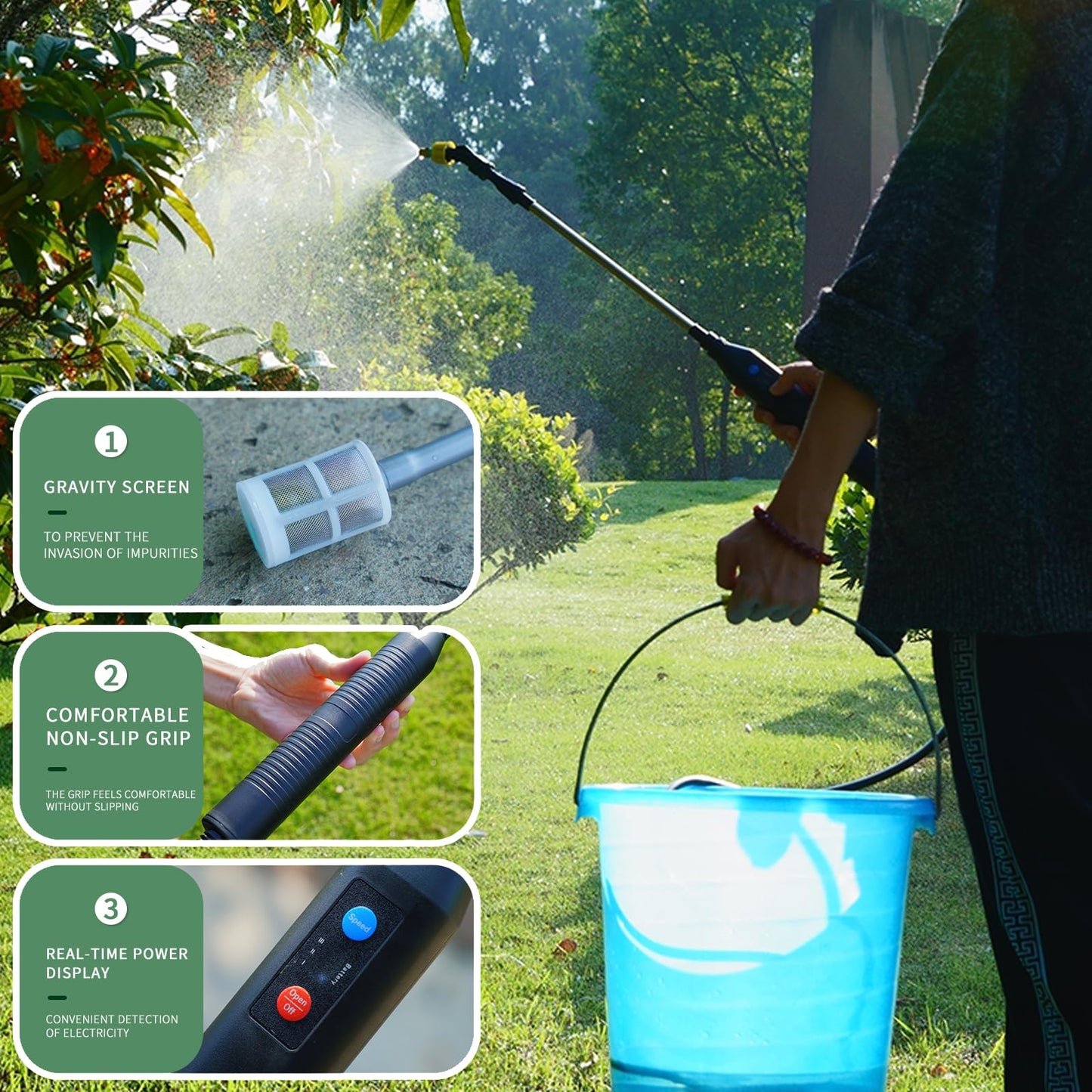 Battery Powered Spray Wand, Electric Sprayer with Power Display, 5 Nozzles and 16.4FT/5M Hoses, Power Display Handle, 32 Inch Telescopic Wand, Multipurpose Plant Sprayer for Yard Lawn Weed Plants