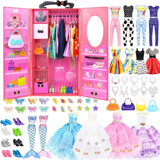 84 Pack Doll Clothes and Accessories with Doll Closet for 11.5 Inch Doll Fashion Design Kit Girl Including Wedding Dress Fashion Dress Outfits Tops and Pants Shoes Hangers Bags Necklaces