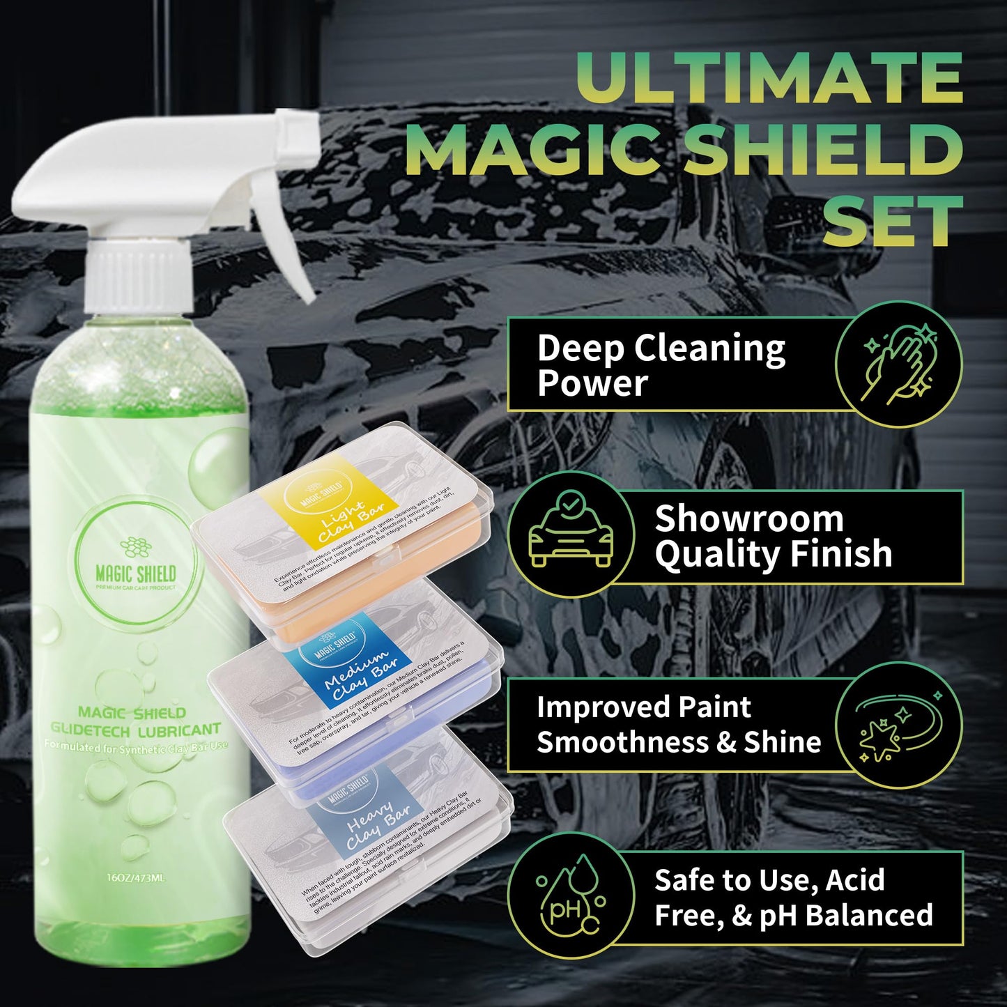 Magic Shield Triple Clay Bar with Spray – 100g Light, Medium & Heavy Bars + GlideTech Lubricant Spray | Professional Auto Detailing, Deep Cleaning & Shine Restoration