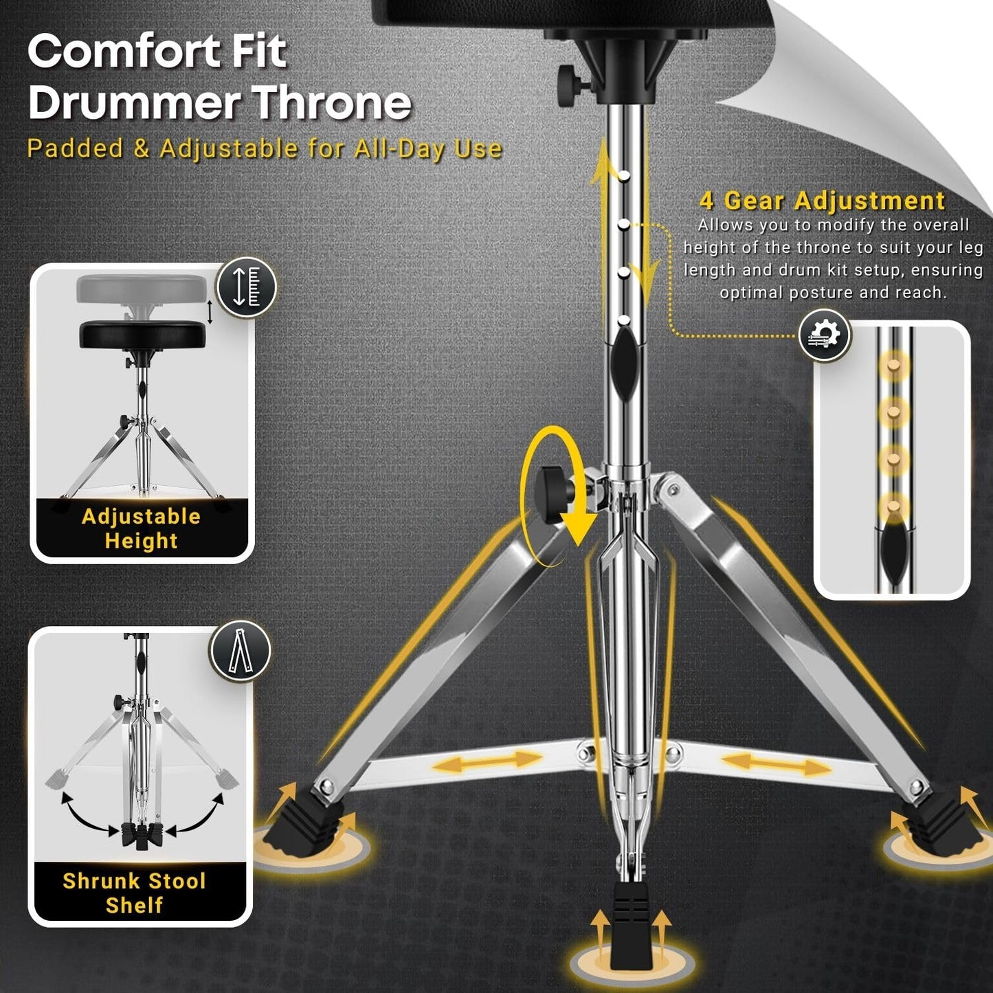 Flexzion Drummer Throne - Padded Drum Stool for Adults & Kids with Adjustable Height - Round Top Drummer Chair Seat with Foldable Tripod & Anti-Slip Rubber Feet for Beginner & Professional Musician