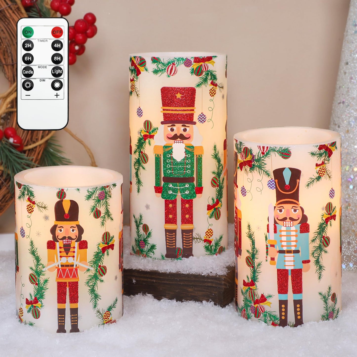 Crystal Club Christmas Flameless Candles Battery Operated, Holiday Nutcracker LED Candles with Remote, Realistic Pillar Candles for Xmas Tree, Mantel, Home Decor, Set of 3