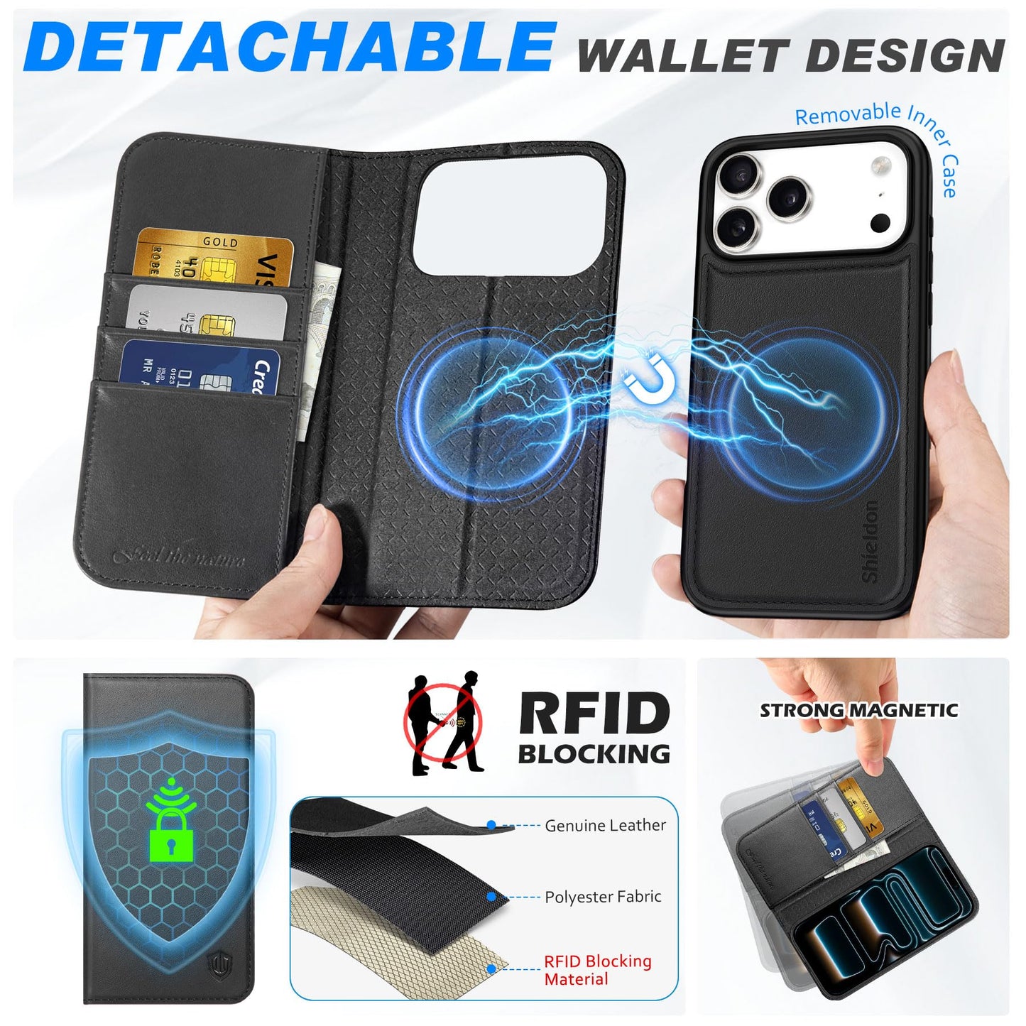 SHIELDON Genuine Leather Detachable Wallet Case for iPhone 17 Pro Max 6.9", Wireless Charging | Removable Cover |Magnetic Kickstand | RFID Blocking | 3 Card Slot 2025 - Nappa Black
