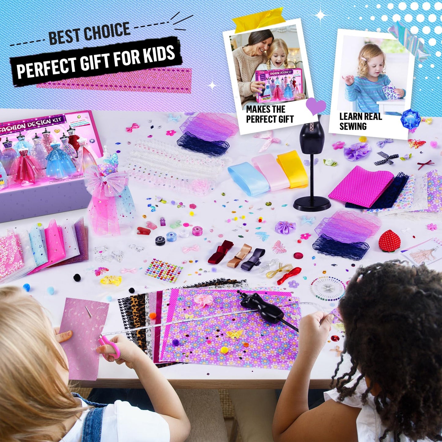 1000+Pcs Fashion Design Kit for Girls with 6 Mannequins - Sewing Kit for Kids Ages 6-12,Learning Craft Toys DIY Arts & Crafts for Girls Age 6, 7, 8, 9, 10-12, Gifts for Teen Girl