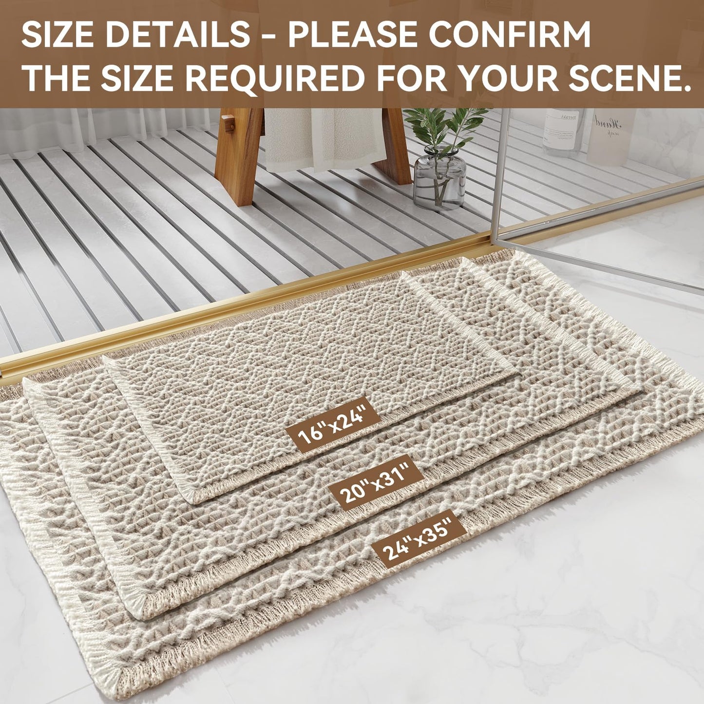 Waffle Bathroom Rugs, Extra Soft and Absorbent Non Slip Bath Mat Washable Boho Bath Rug, Rubber Backed Shower Mat for Bathroom Floor, Bathtub and Shower, 24x36