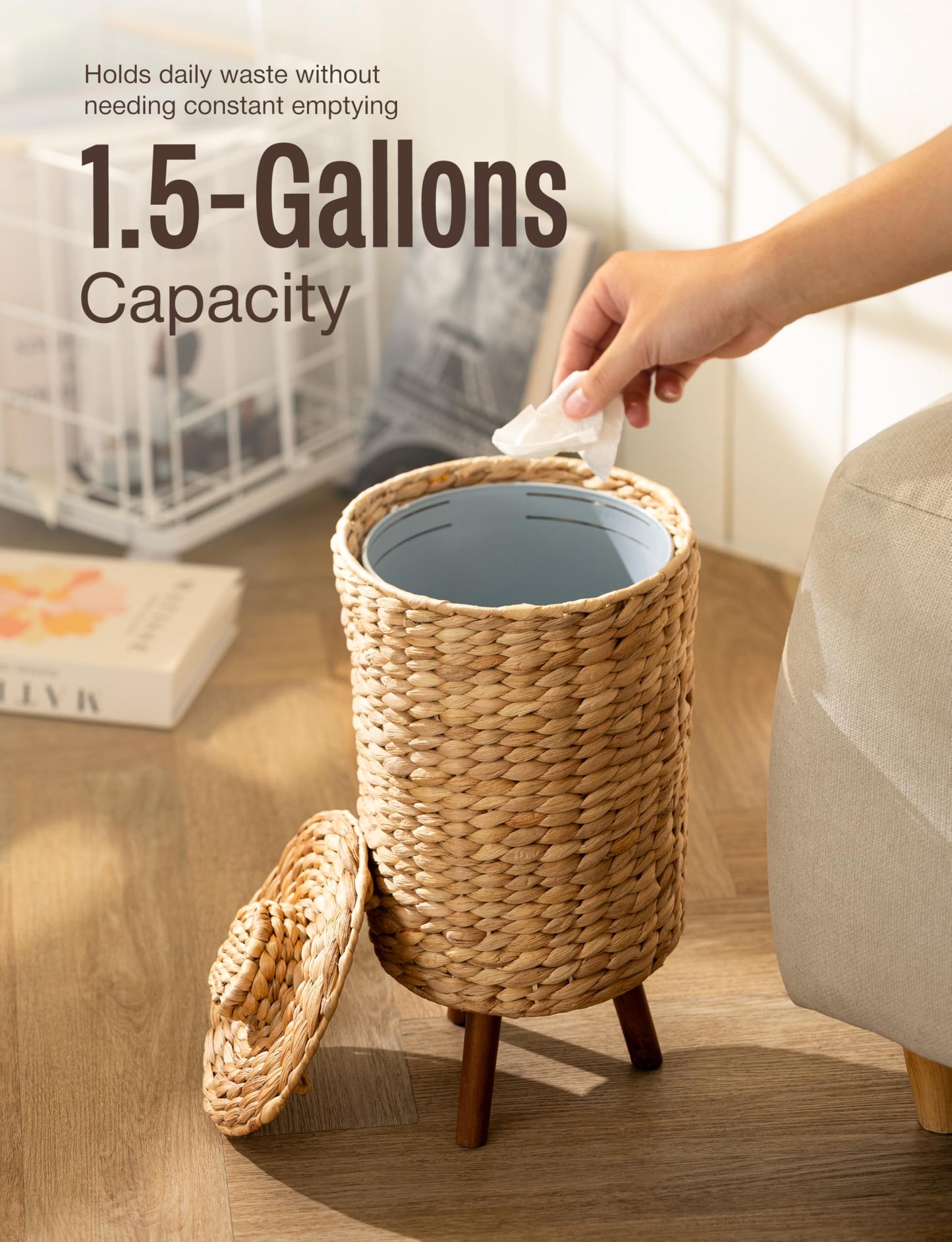 Tidita 1.5 Gallon Wicker Trash Can with Lid, Water Hyacinth Wicker Waste Basket for Bathroom - Decorative Bathroom Trash Can with Wooden Leg - Rattan Garbage Can with a Lid, Liner - Assembly Required