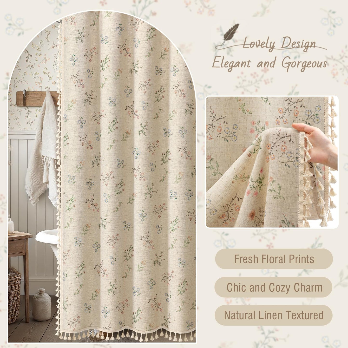 XOGUIBO Floral Farmhouse Vintage Linen Shower Curtain, French Country Spring Shower Curtains for Bathroom with Tassels, 72Wx72H
