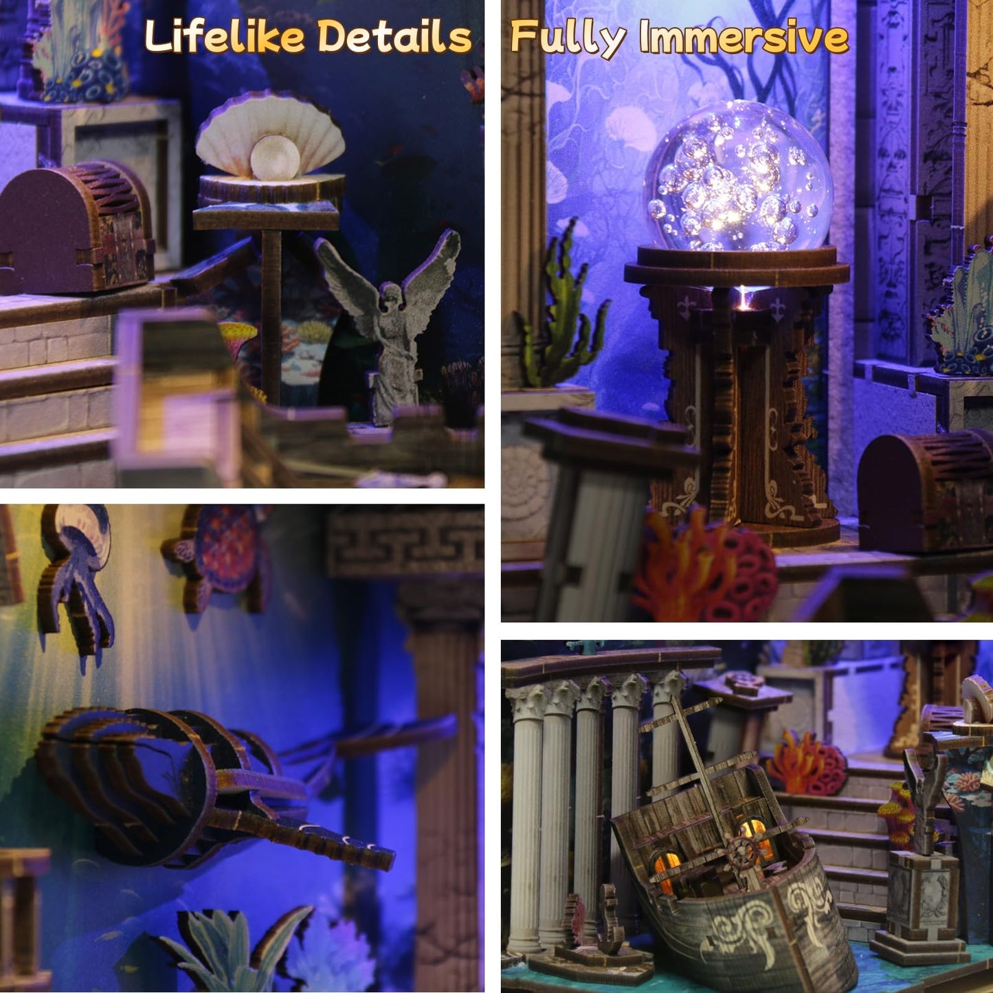 MOSTCLOUD Book Nook Kit, DIY Miniature Dollhouse Booknook Kit with LED Light, 3D Wooden Puzzle Bookend, Bookshelf Decor, for Adults Teens, Theme: Mystery Beneath The Sea
