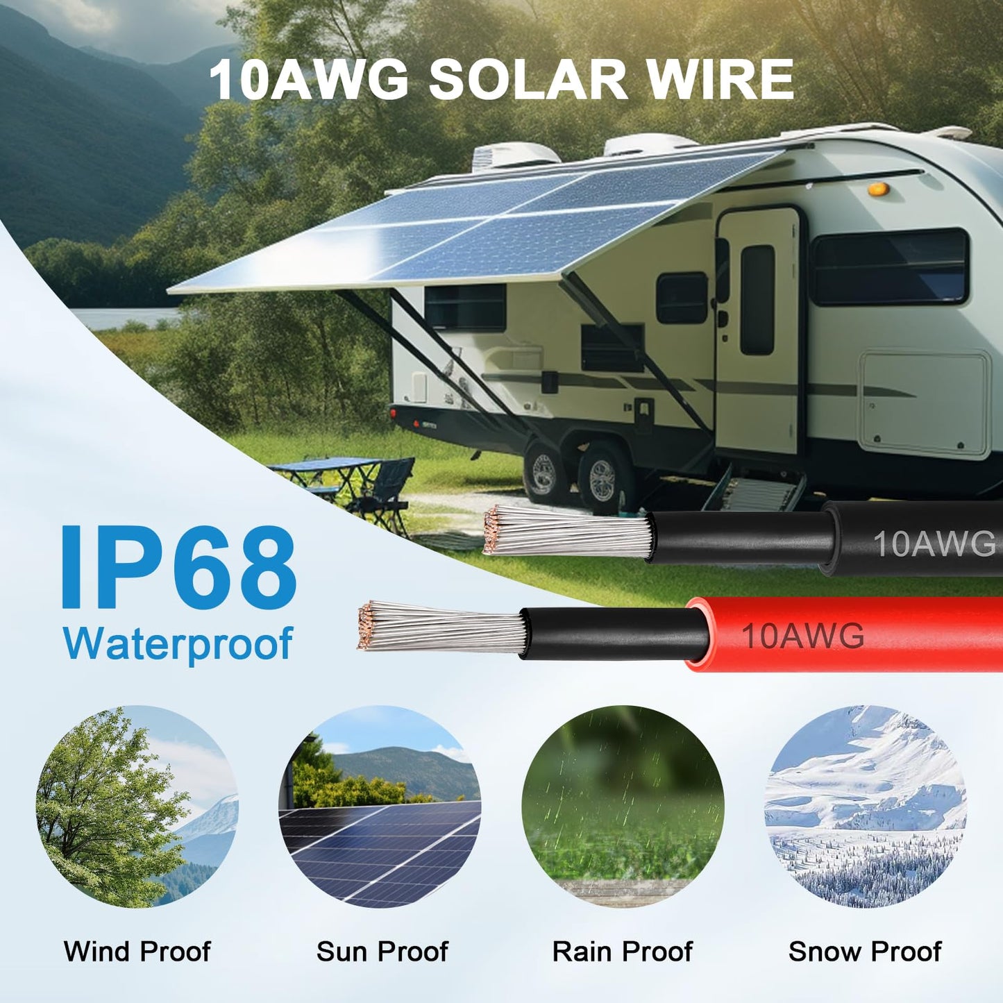 MOOKEERF Solar Panel Wire 10 AWG(6mm²) - Solar Extension Cable 50Ft Black & 50Ft Red 10 Gauge Tinned Copper PV Wire for Outdoor Automotive RV Boat Marine (Black+Red)